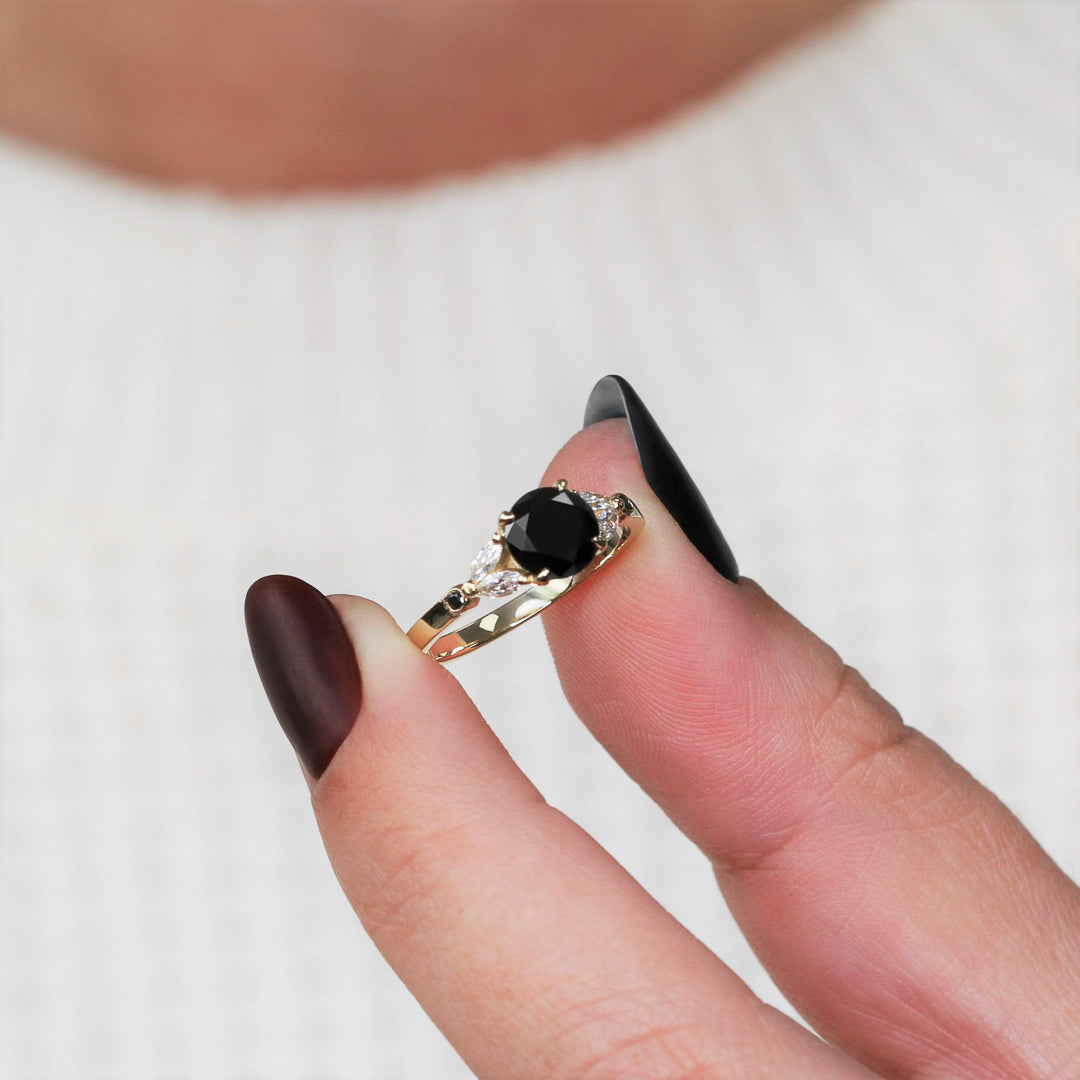 Floral  Natural Black & White Marquise Diamond Ring