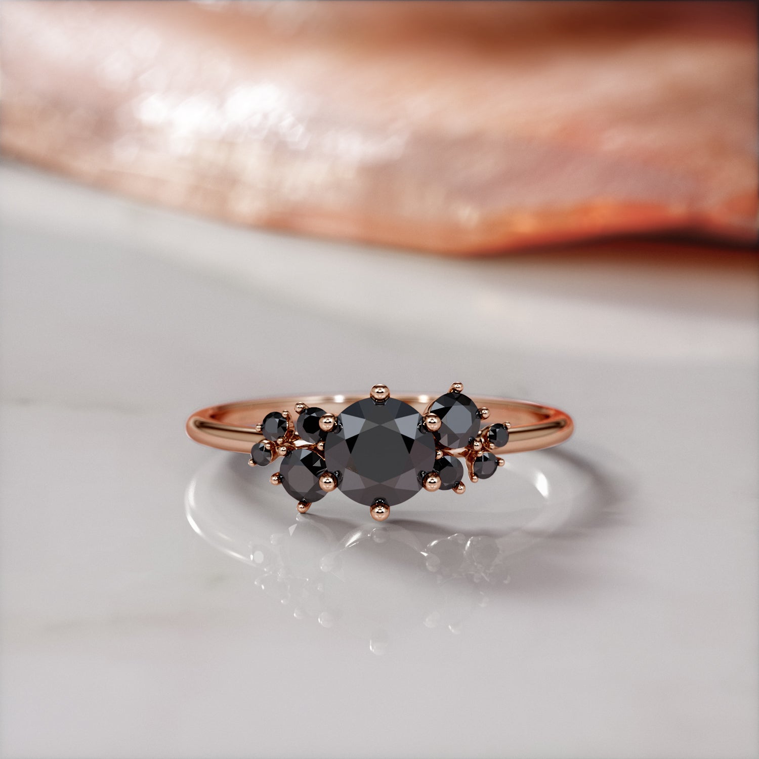 Cluster Natural Black Diamond Round Engagement Ring