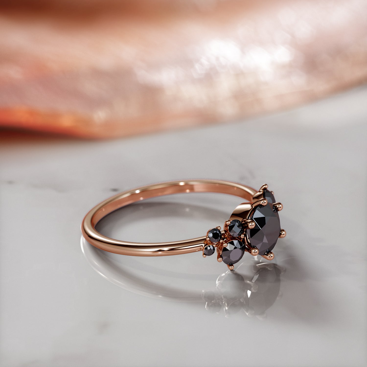Cluster Natural Black Diamond Round Engagement Ring