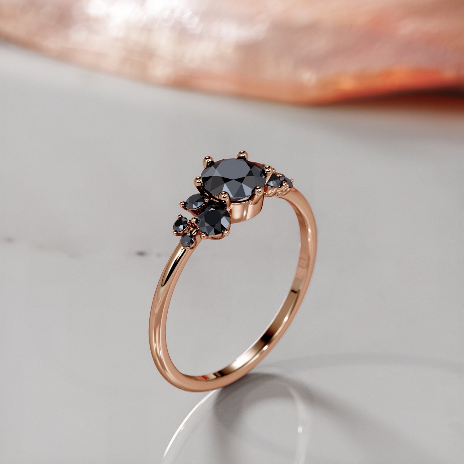 Cluster Natural Black Diamond Round Engagement Ring