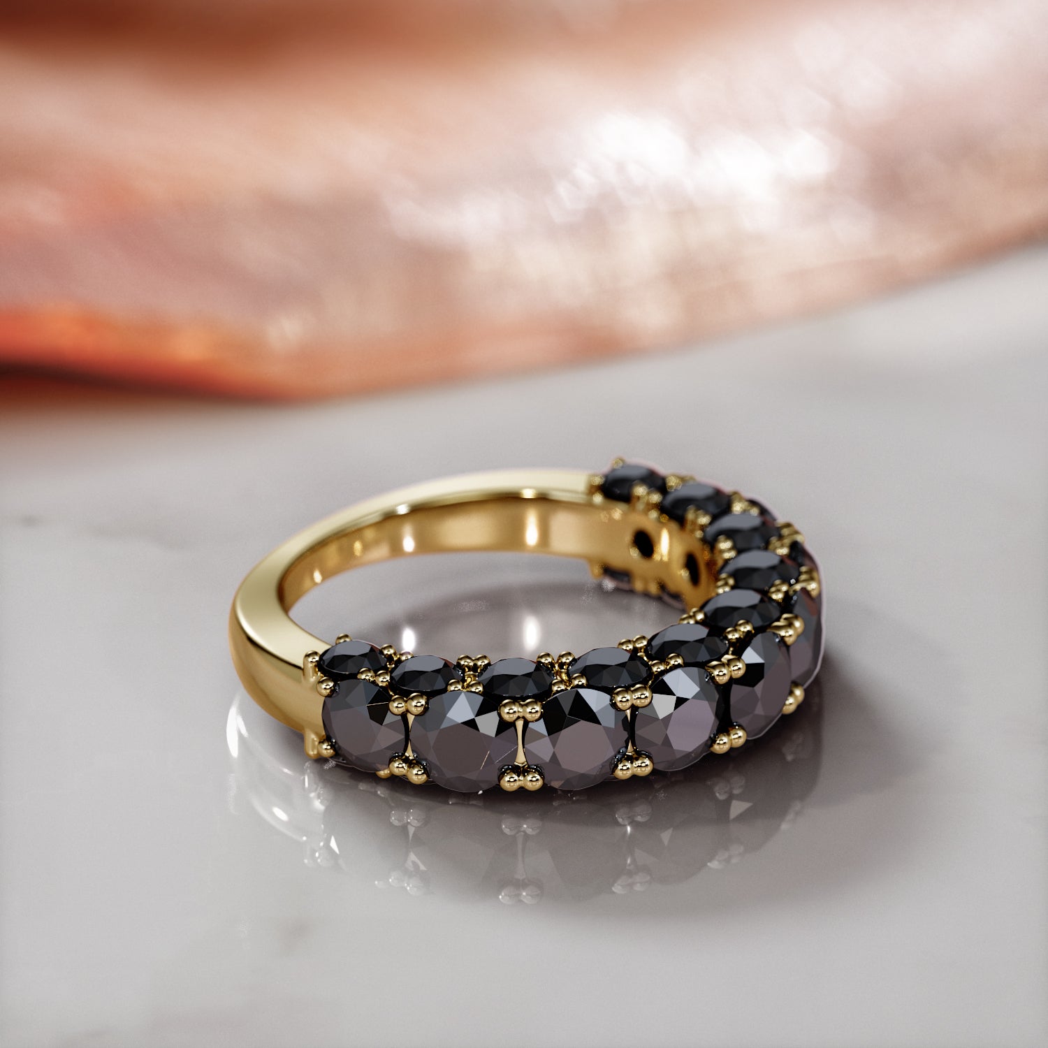 3-Row Wedding Ring with Round Cut Natural Black Diamonds