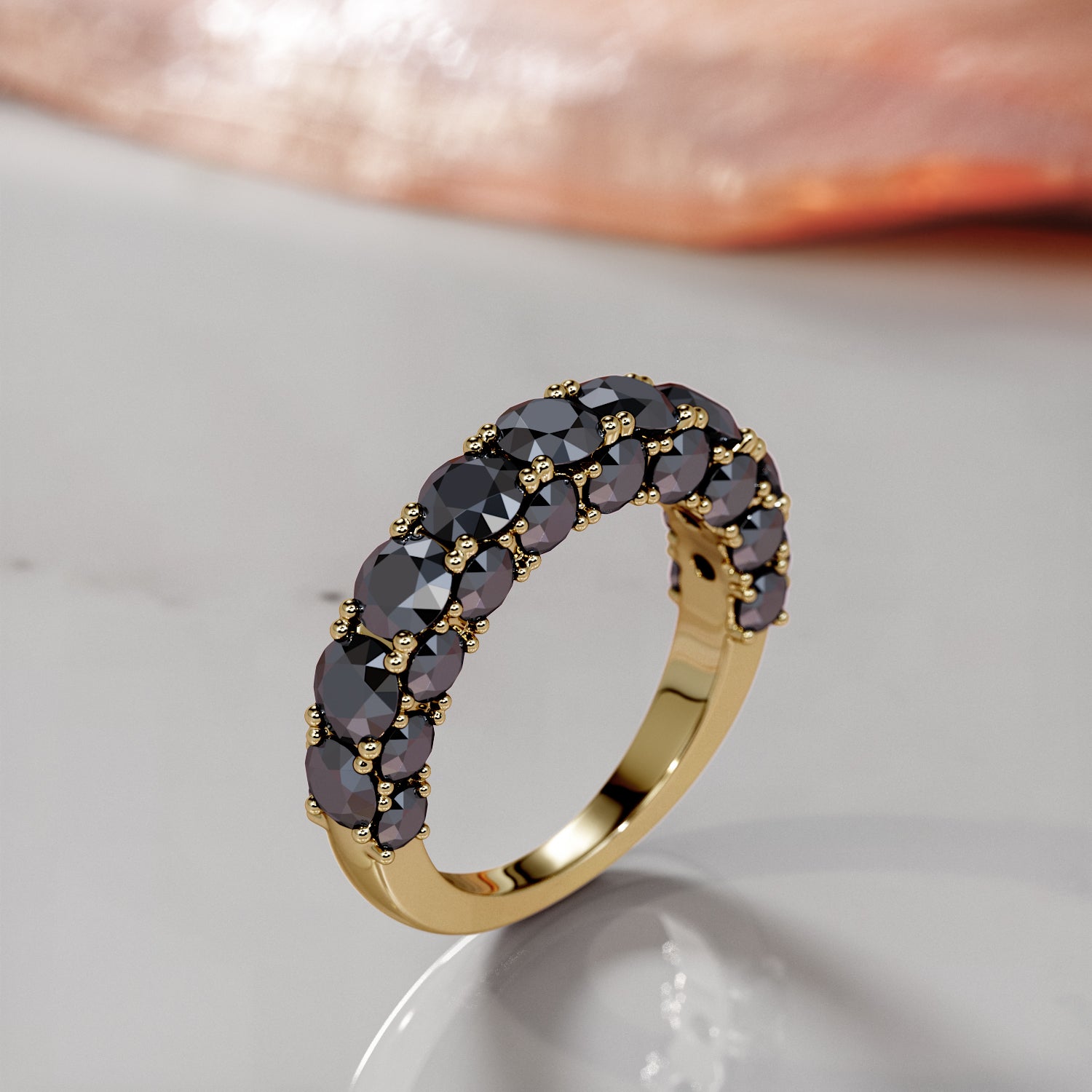 3-Row Wedding Ring with Round Cut Natural Black Diamonds
