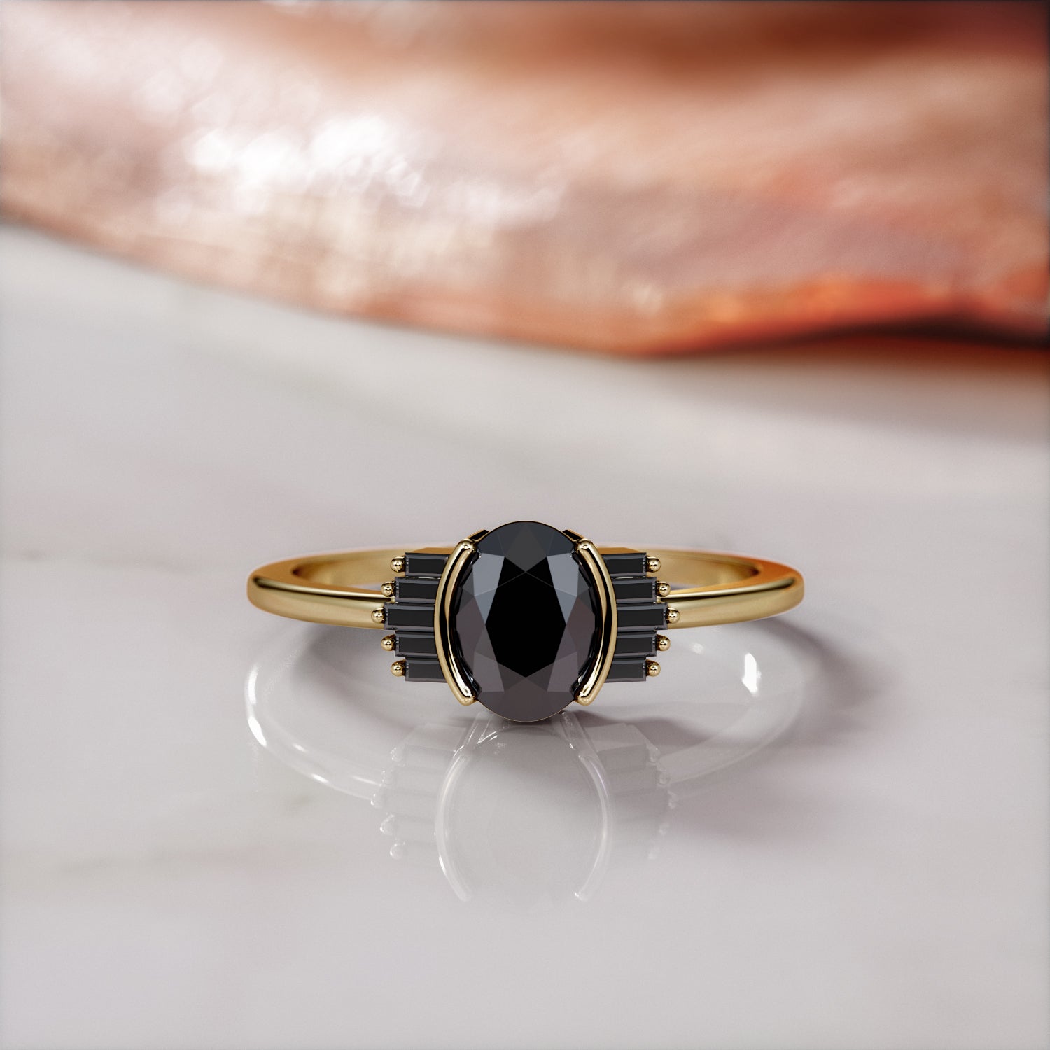 Art Deco Natural Black Diamond Oval & Baguette Engagement Ring