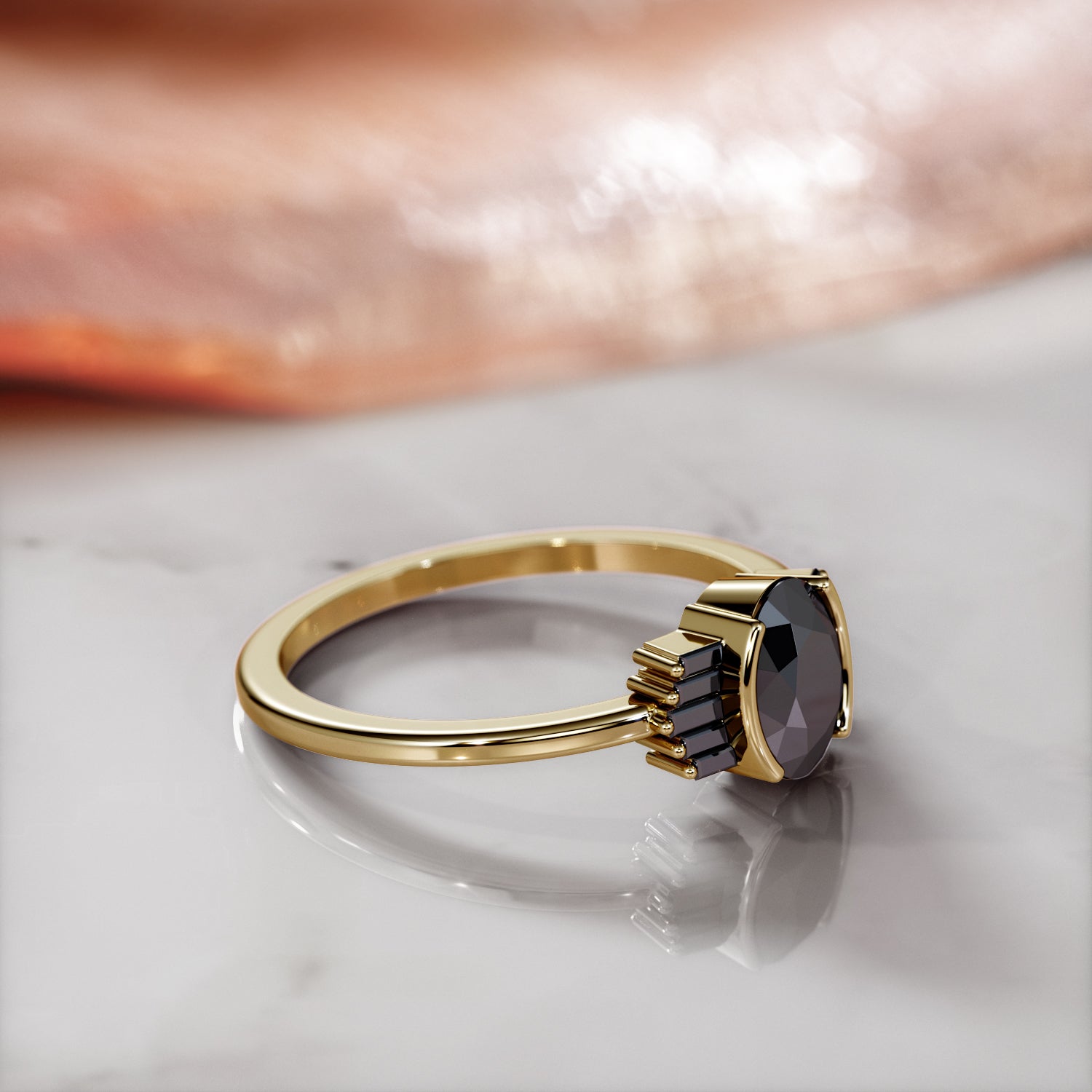 Art Deco Natural Black Diamond Oval & Baguette Engagement Ring