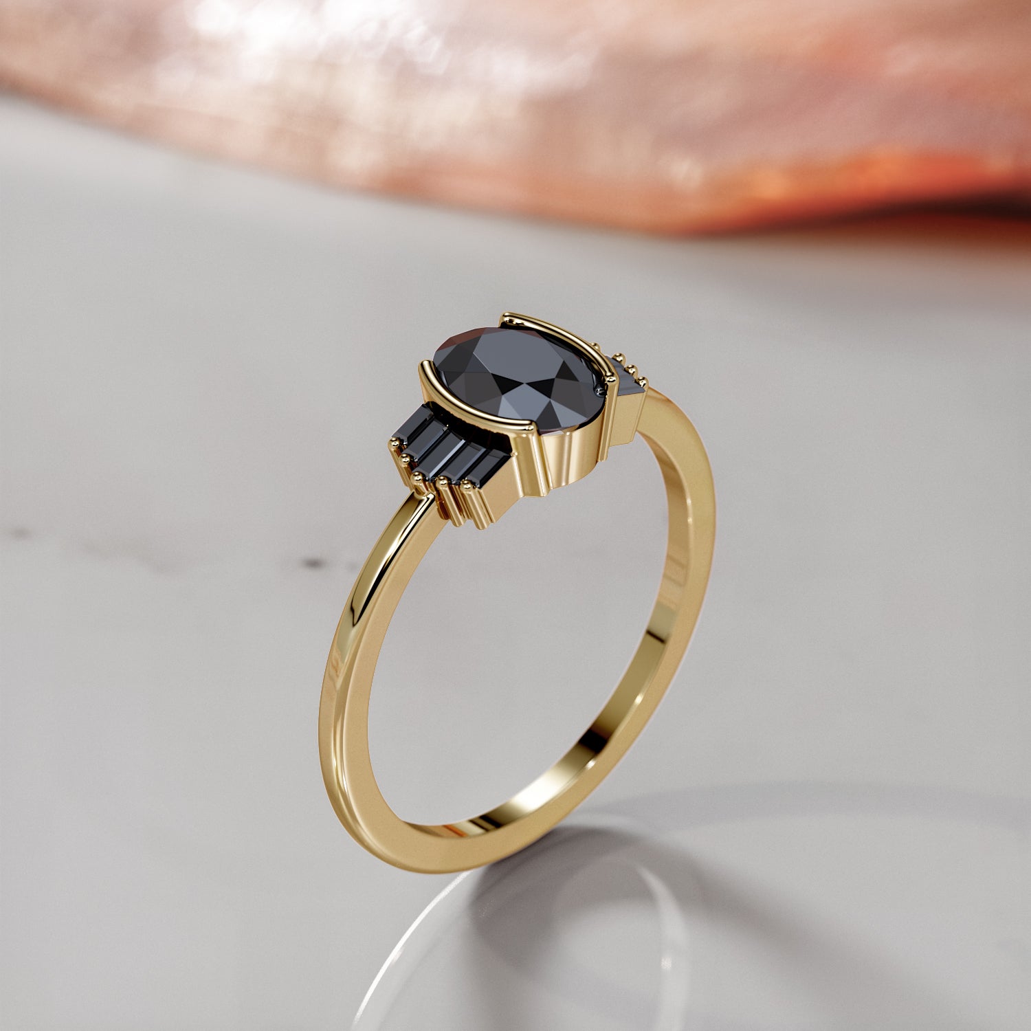 Art Deco Natural Black Diamond Oval & Baguette Engagement Ring