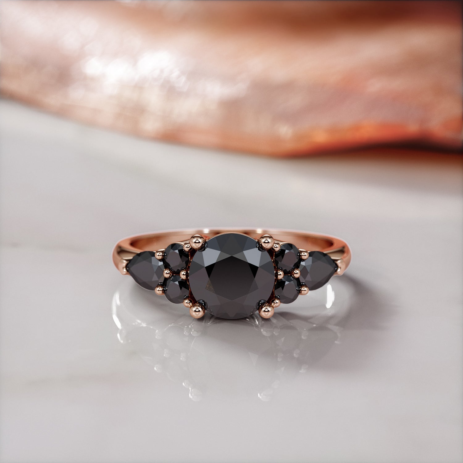 Art Deco 3-stone  Natural Black Diamond Round Engagement Ring