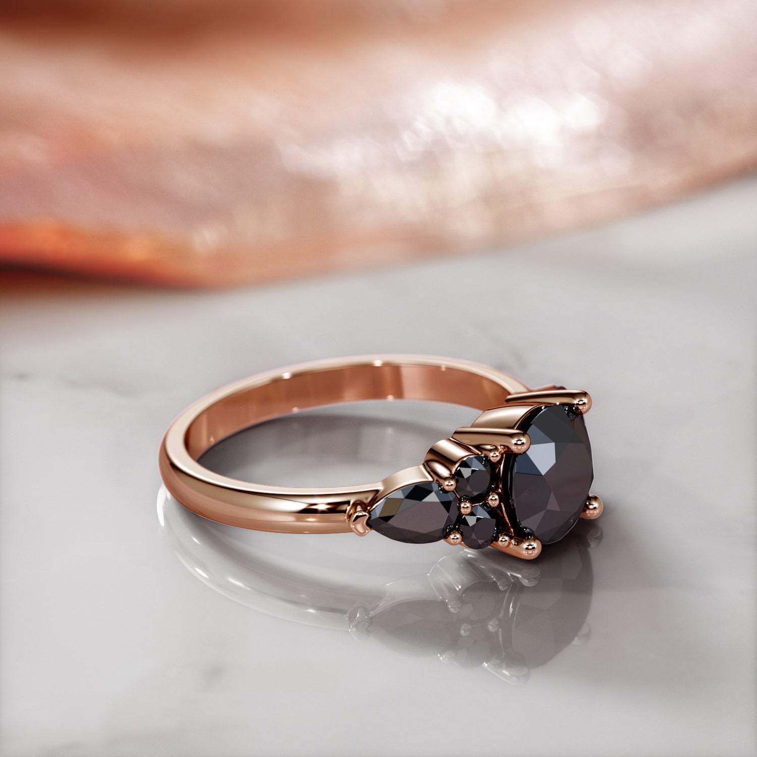 Art Deco 3-stone  Natural Black Diamond Round Engagement Ring