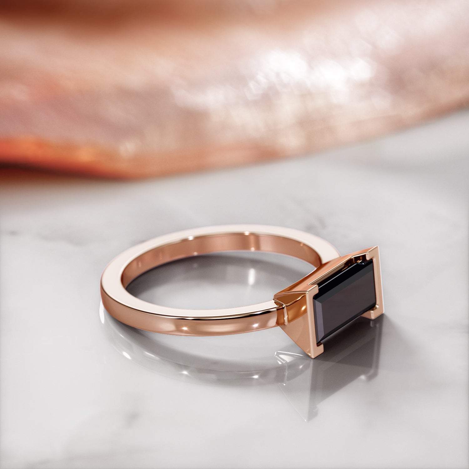East West Natural Black Diamond Emerald Cut Engagement Ring