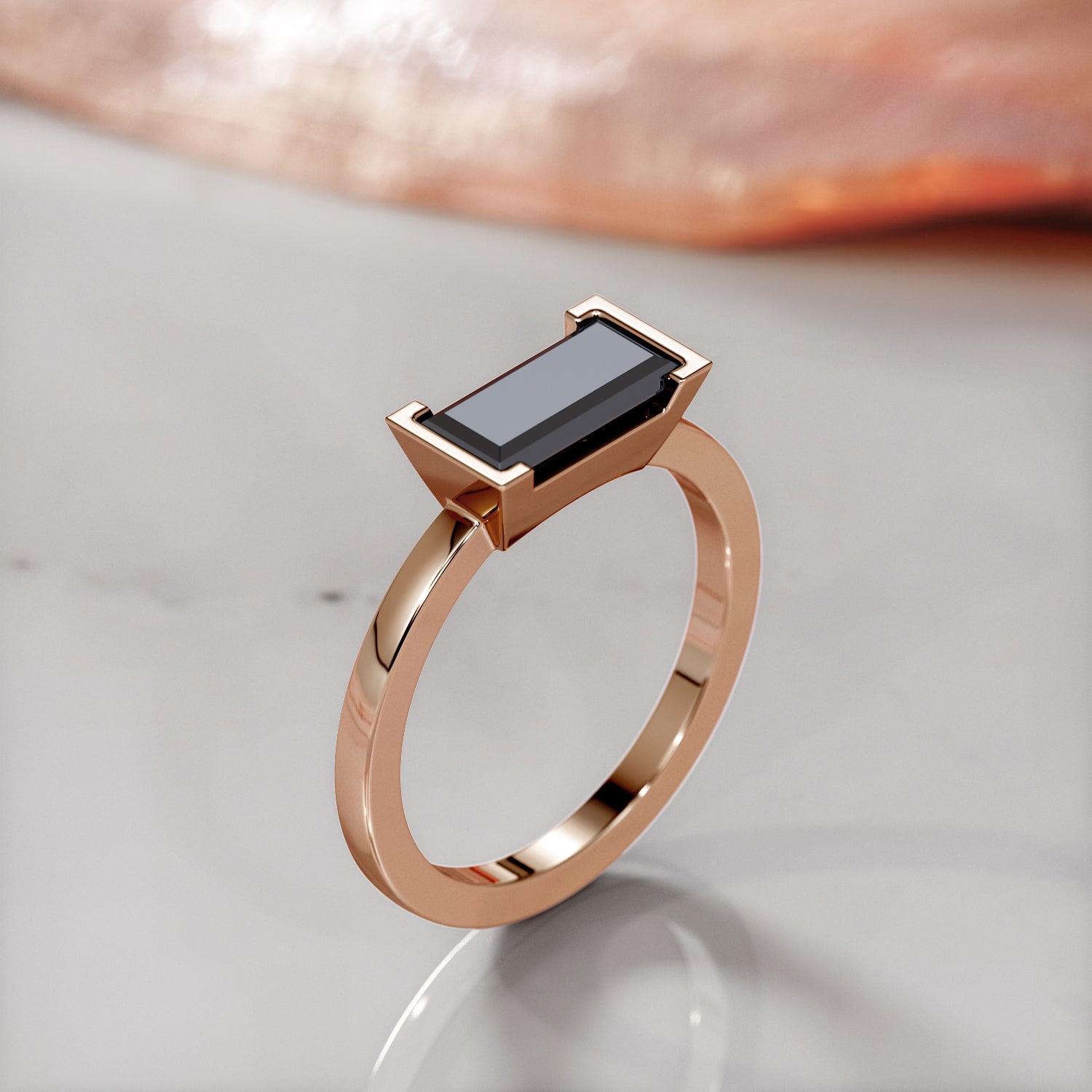 East West Natural Black Diamond Emerald Cut Engagement Ring