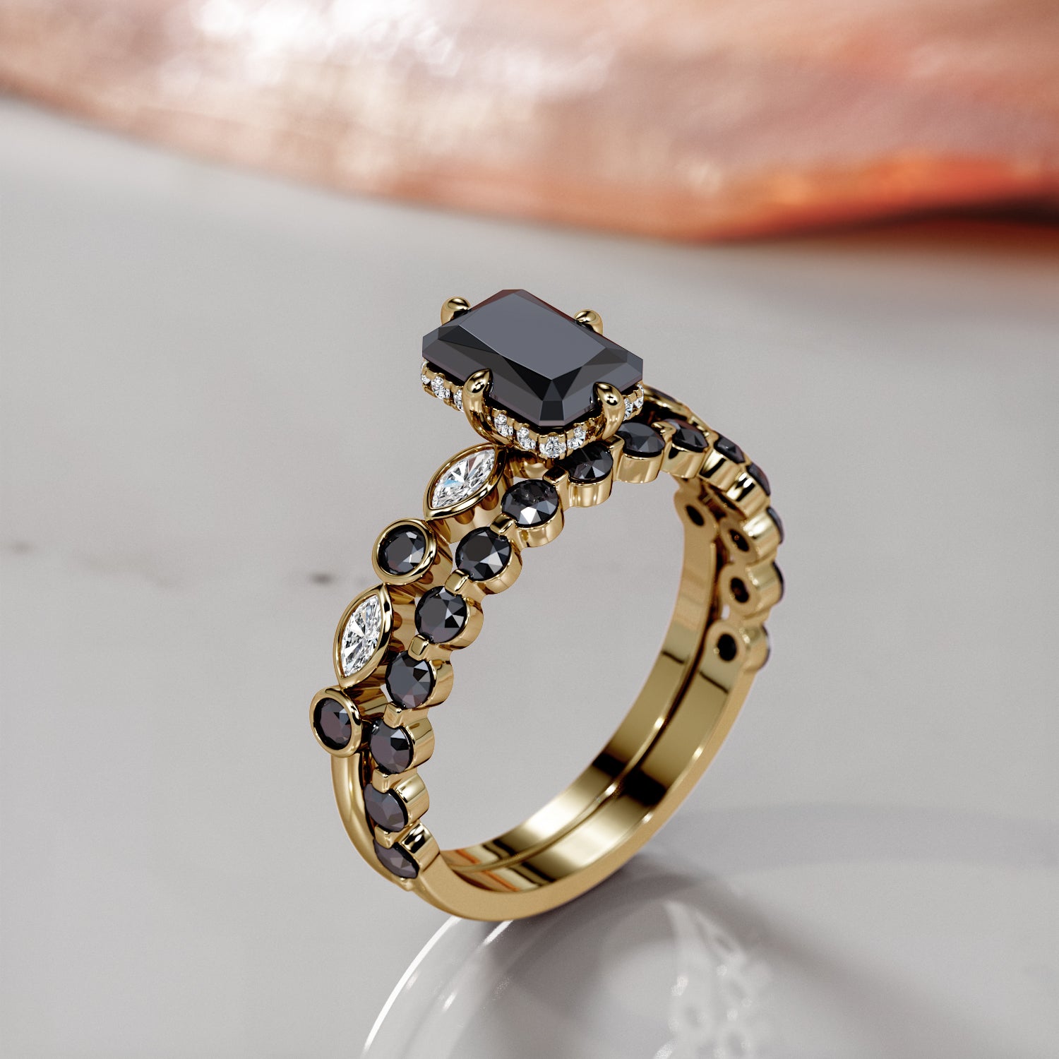 Black & White Natural Diamond Emerald Cut Engagement Ring