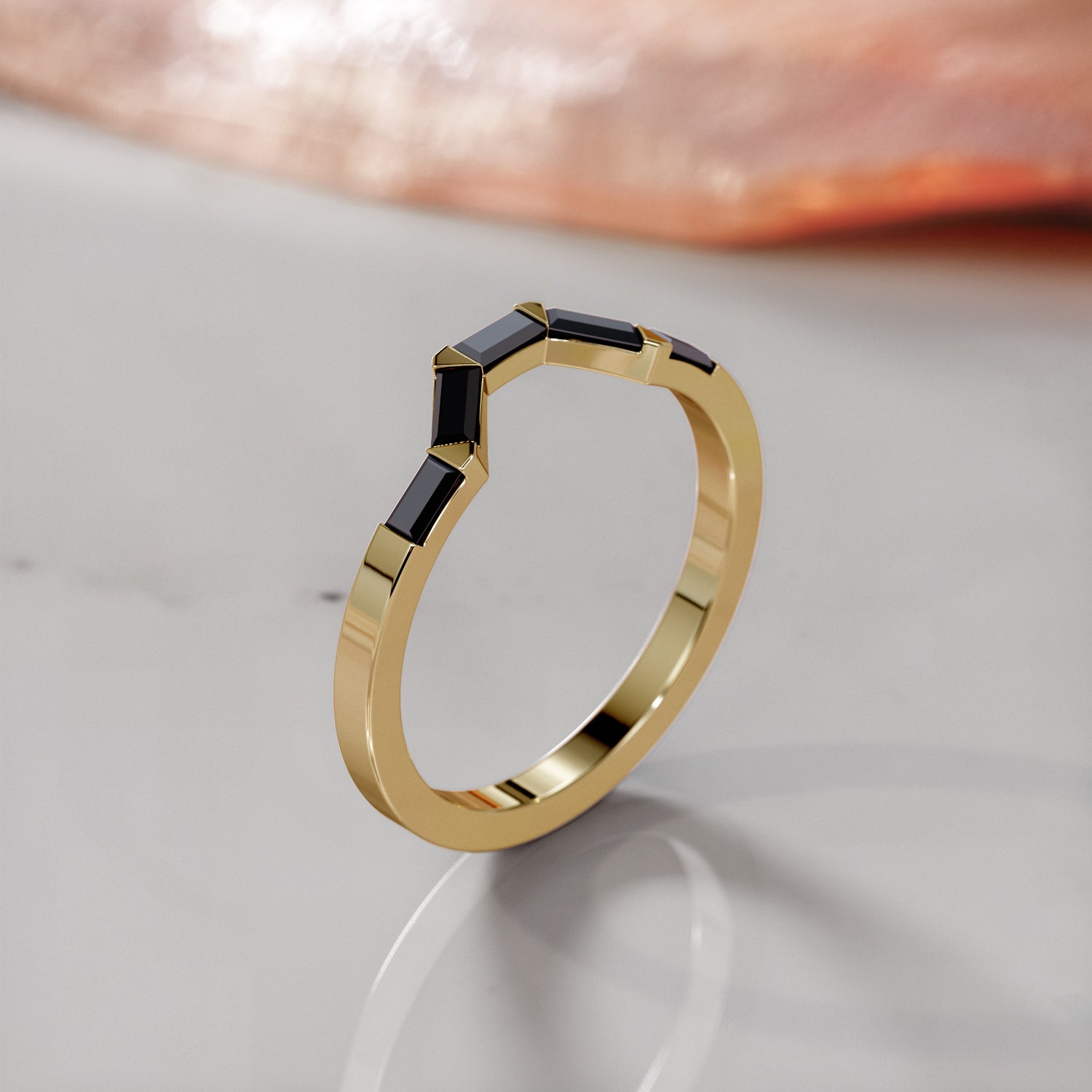 Black Widow - Geometric Wedding Ring with Baguette Cut Natural Black Diamonds