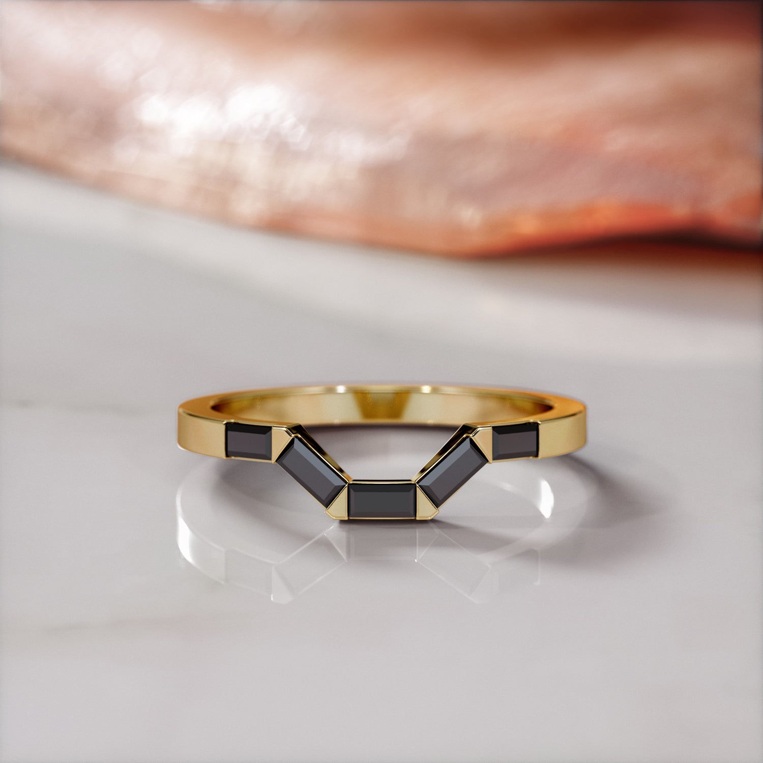 Black Widow - Geometric Wedding Ring with Baguette Cut Natural Black Diamonds