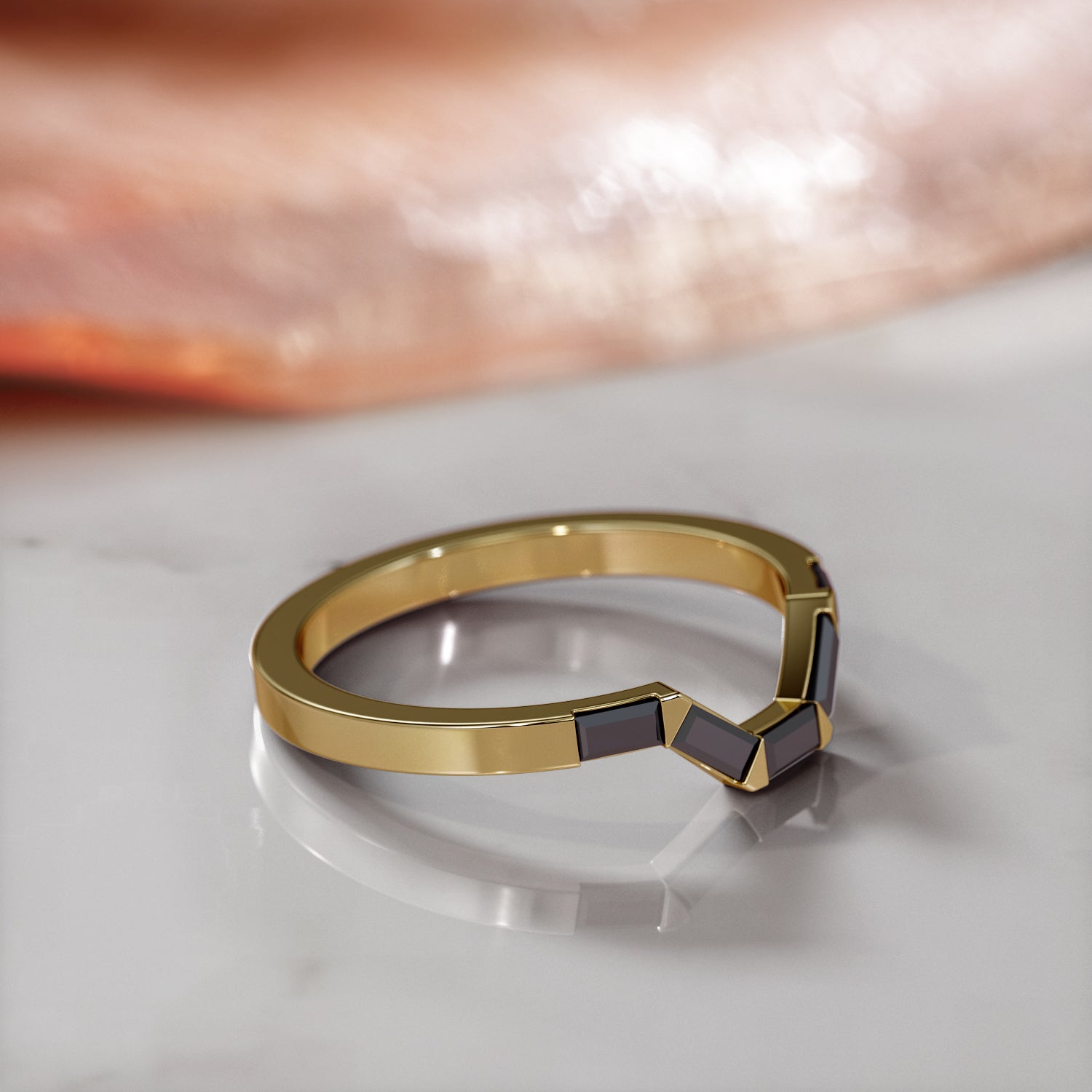 Black Widow - Geometric Wedding Ring with Baguette Cut Natural Black Diamonds