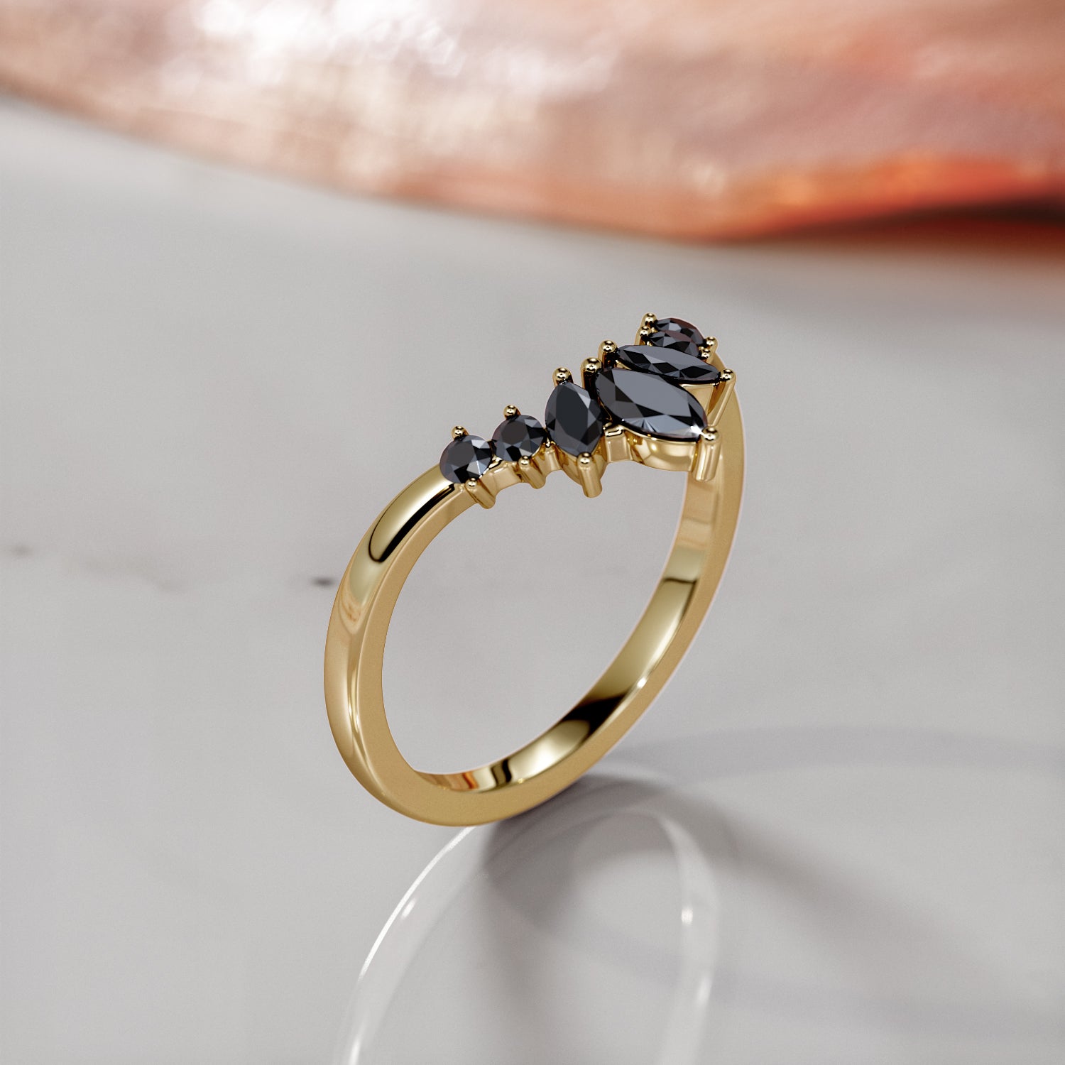 Floral Wedding Ring with Round & Marquise Cut Natural Black Diamonds