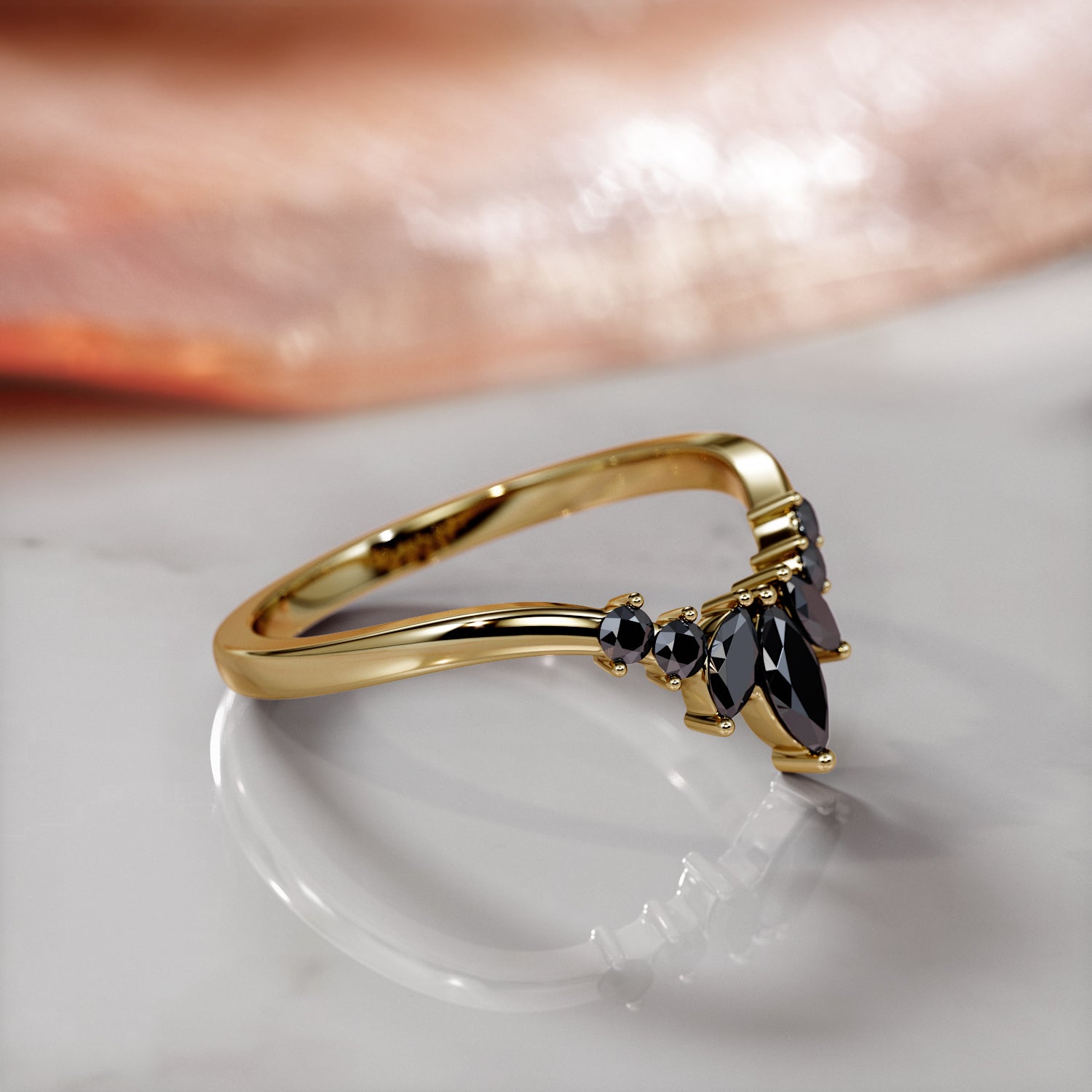 Floral Wedding Ring with Round & Marquise Cut Natural Black Diamonds