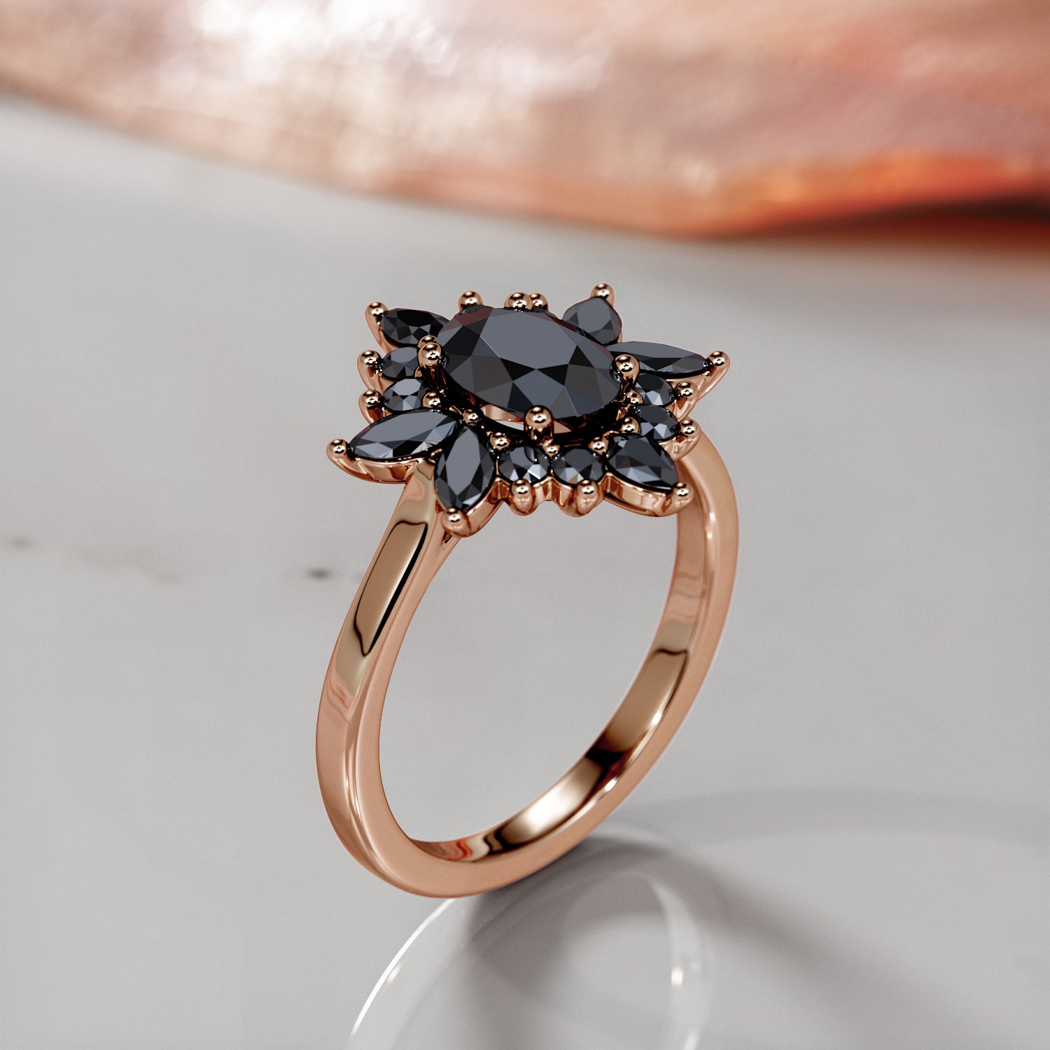Floral  Natural Black Diamond Oval Engagement Ring