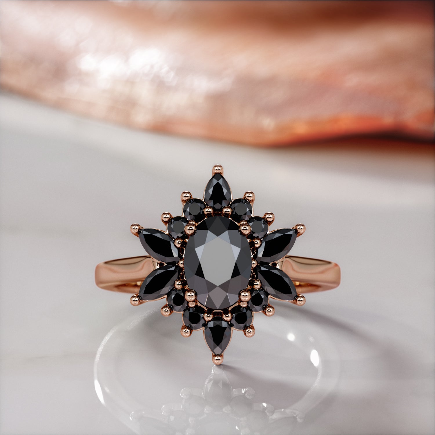 Floral  Natural Black Diamond Oval Engagement Ring