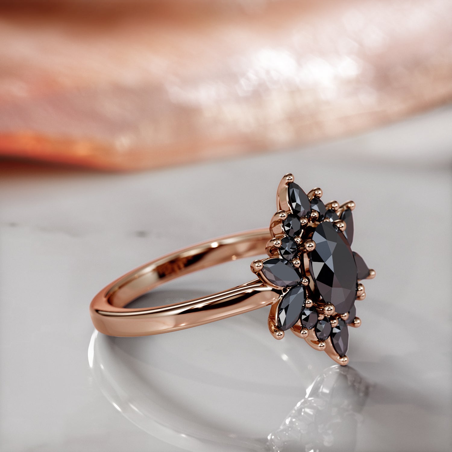 Floral  Natural Black Diamond Oval Engagement Ring