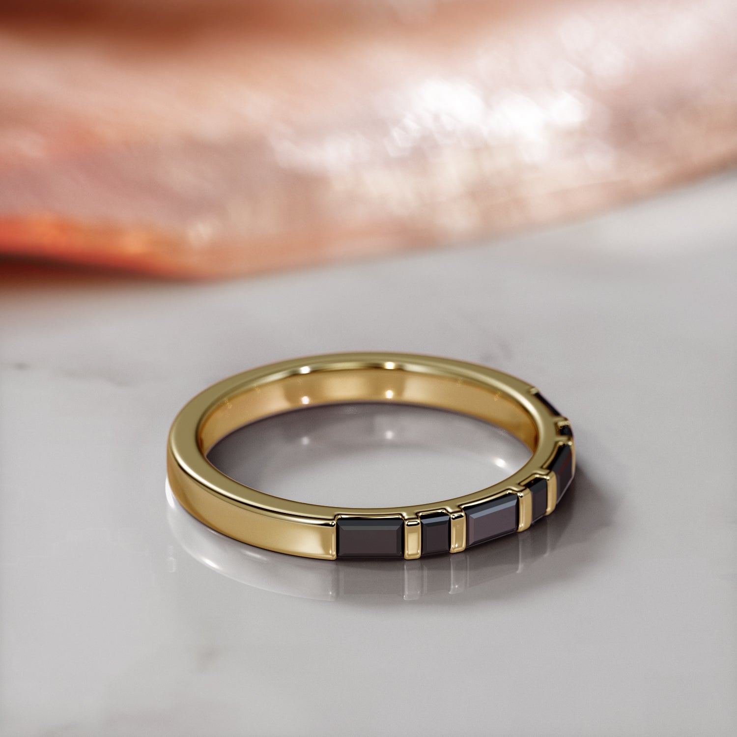 Geometric Wedding Ring with Baguette Cut Natural Black Diamonds