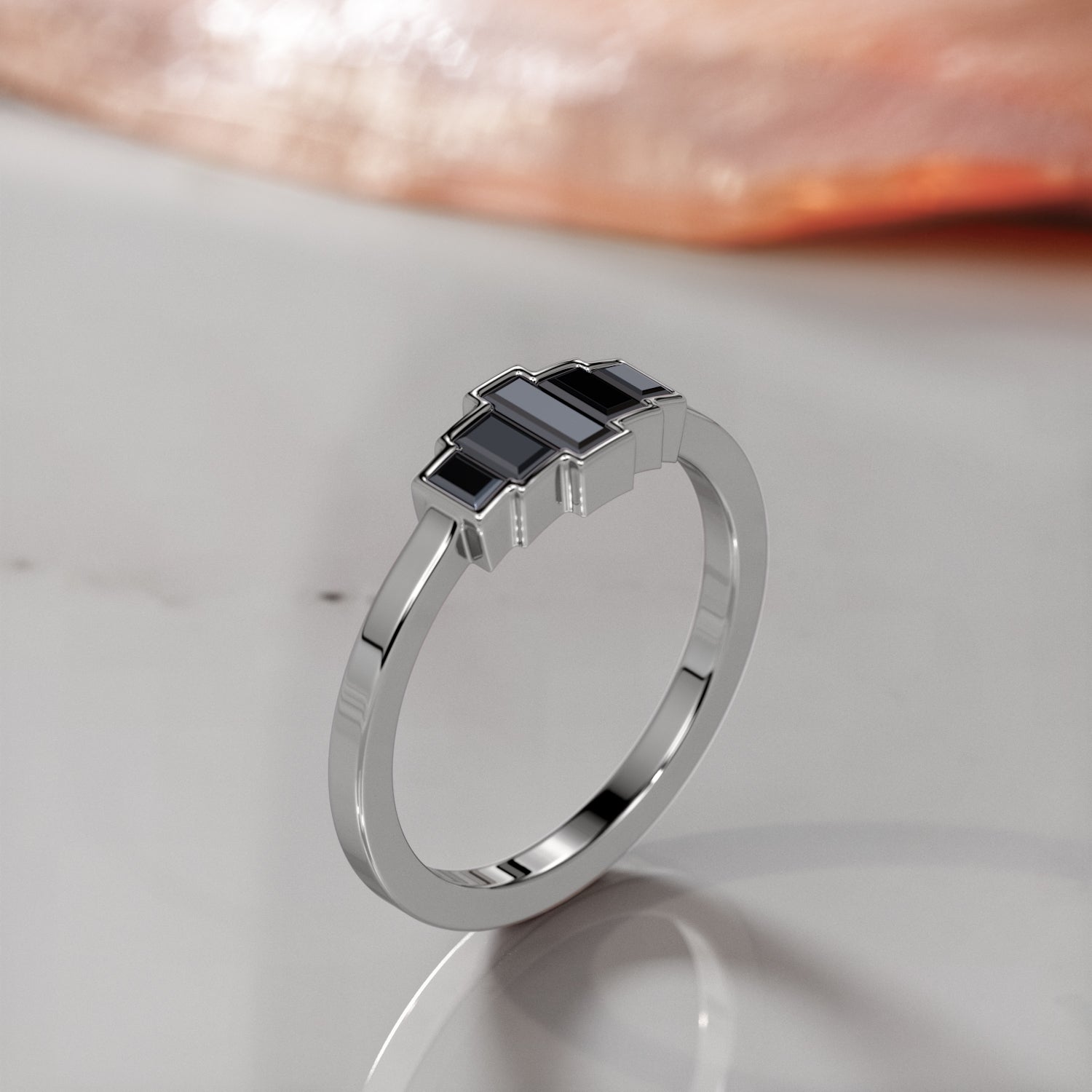 Geometric Natural Black Diamond Ring Set With Baguette Cut Diamonds