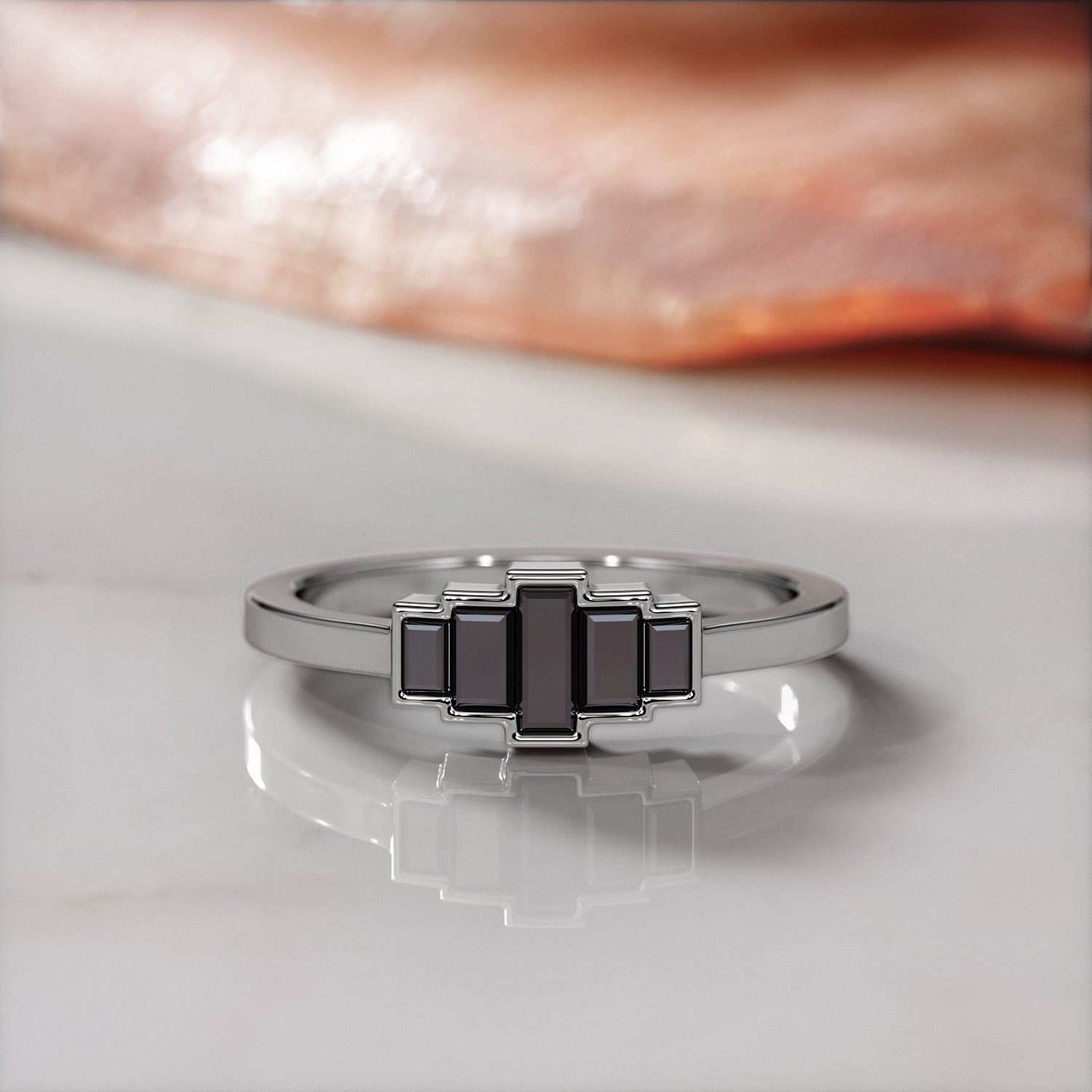 Geometric Natural Black Diamond Ring Set With Baguette Cut Diamonds
