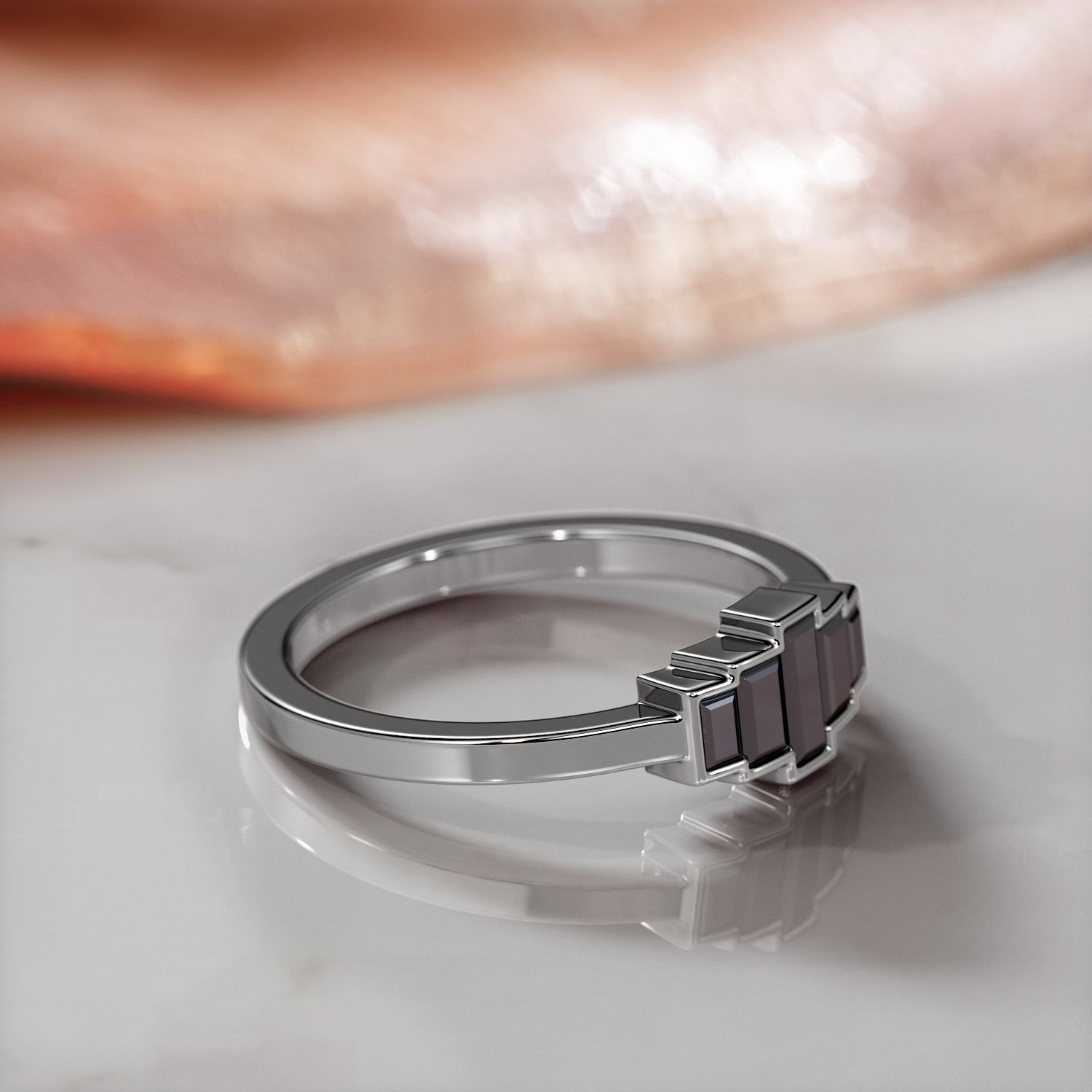 Geometric Natural Black Diamond Ring Set With Baguette Cut Diamonds