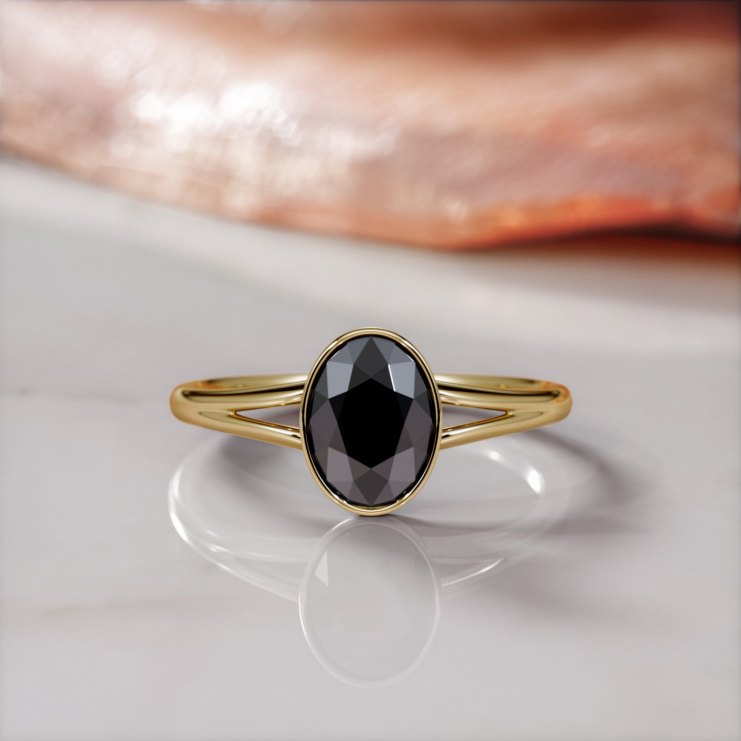 Vintage Split Shank Natural Black Diamond Oval Engagement Ring