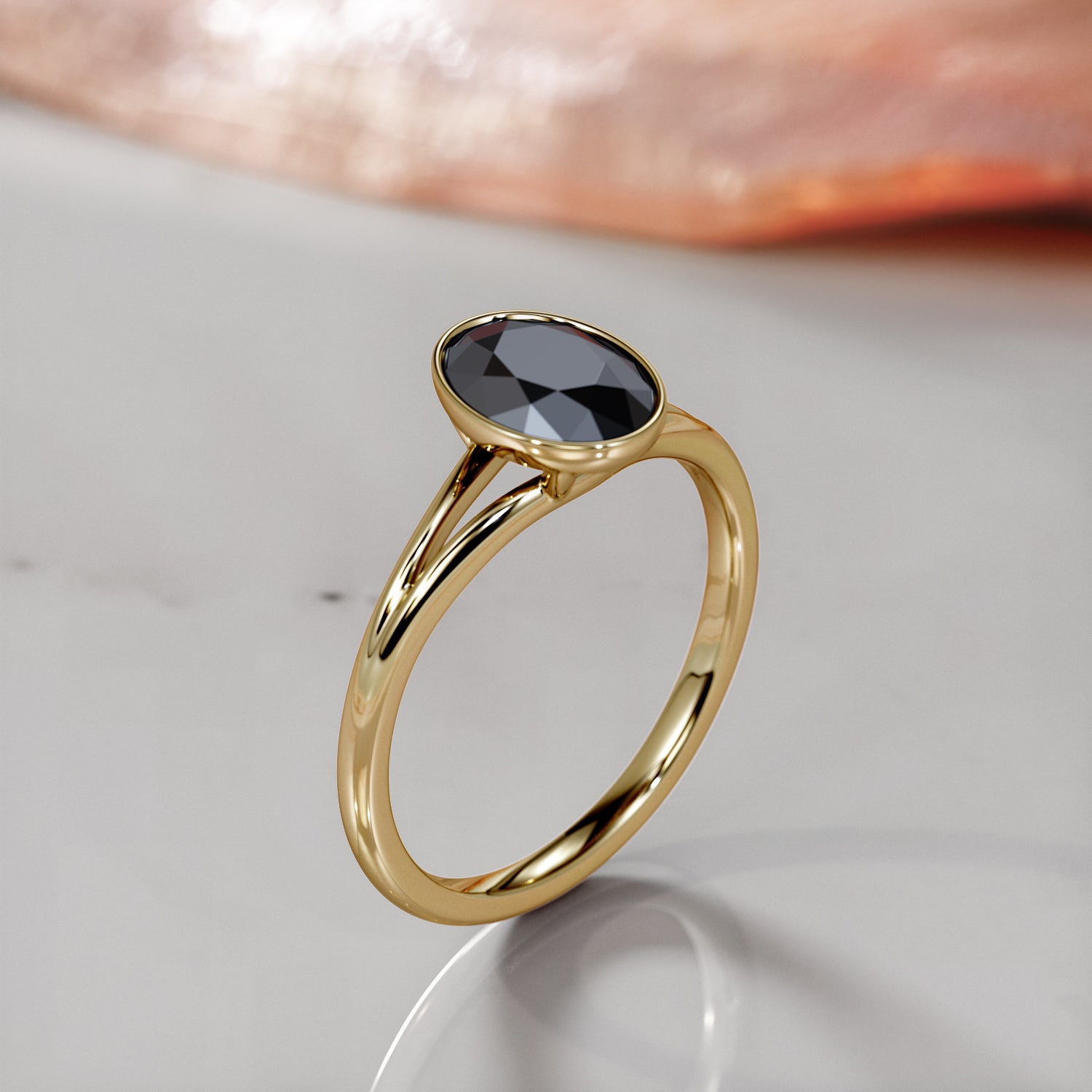 Vintage Split Shank Natural Black Diamond Oval Engagement Ring