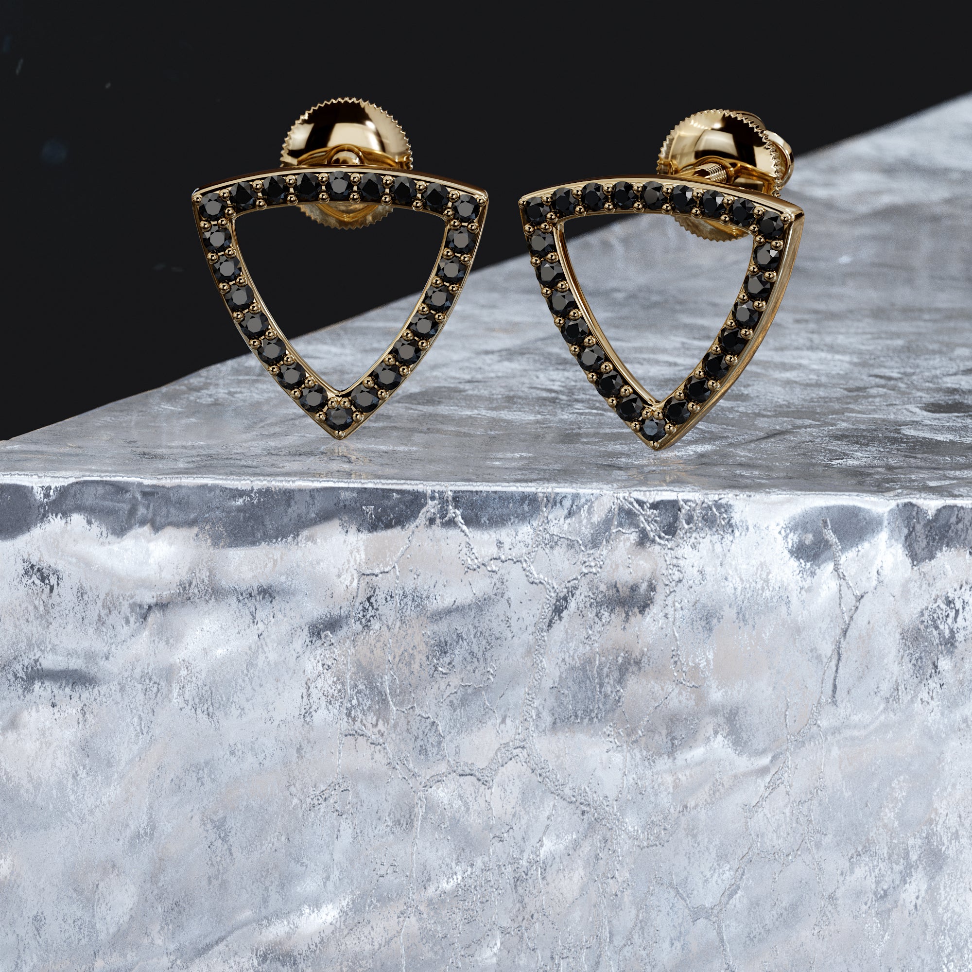 Triangle Natural Black Diamonds White Gold Unique Earrings