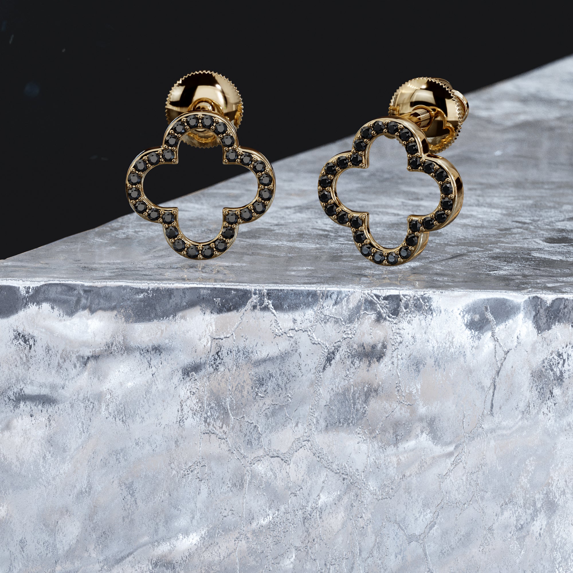 Floral Natural Black Diamonds White Gold Unique Earrings