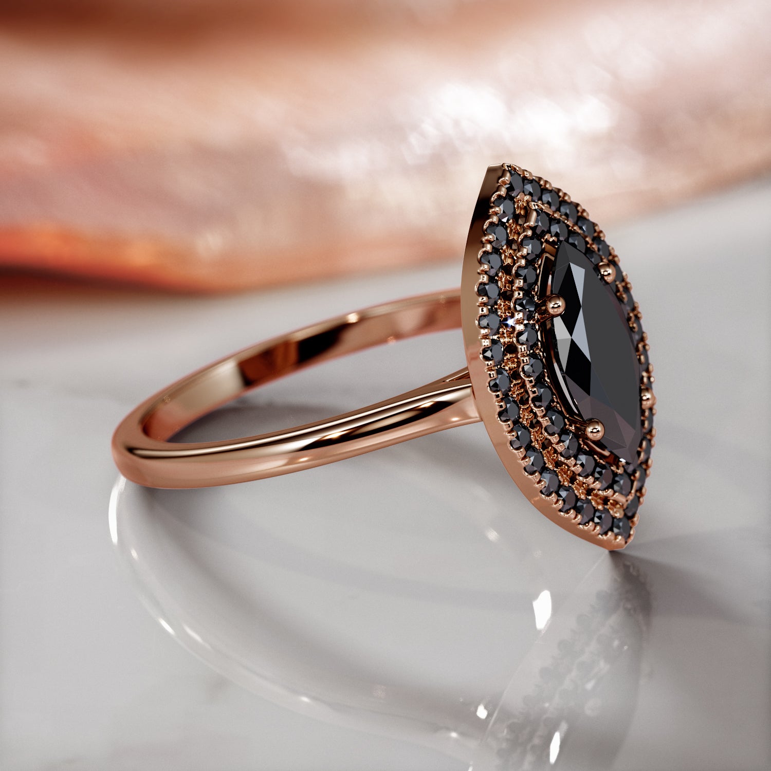 Double Halo  Natural Black Diamond Marquis Engagement Ring  in Yellow Gold