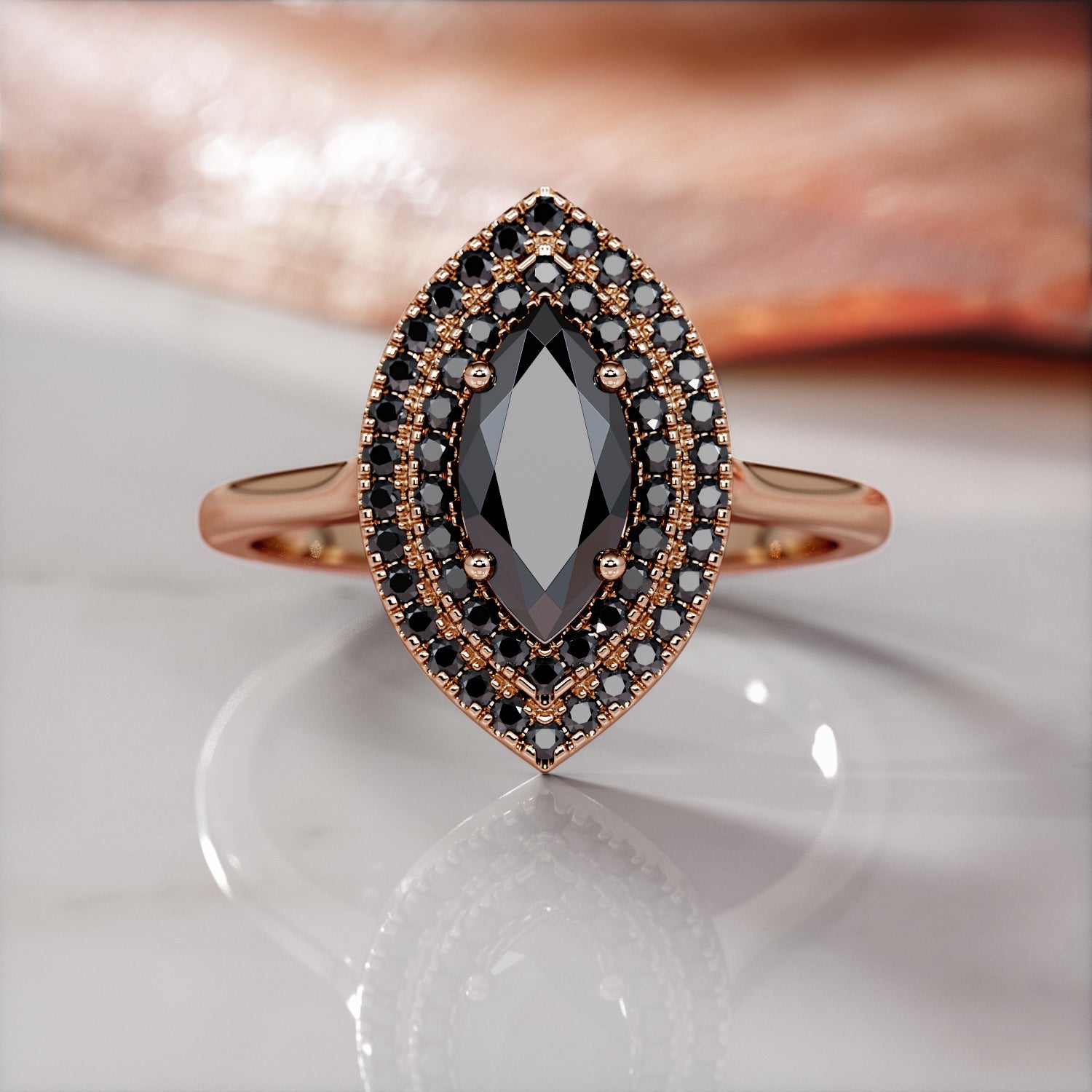 Double Halo  Natural Black Diamond Marquis Engagement Ring  in Yellow Gold