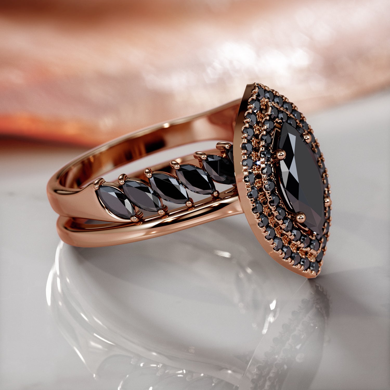 Double Halo  Natural Black Diamond Marquis Engagement Ring  in Yellow Gold