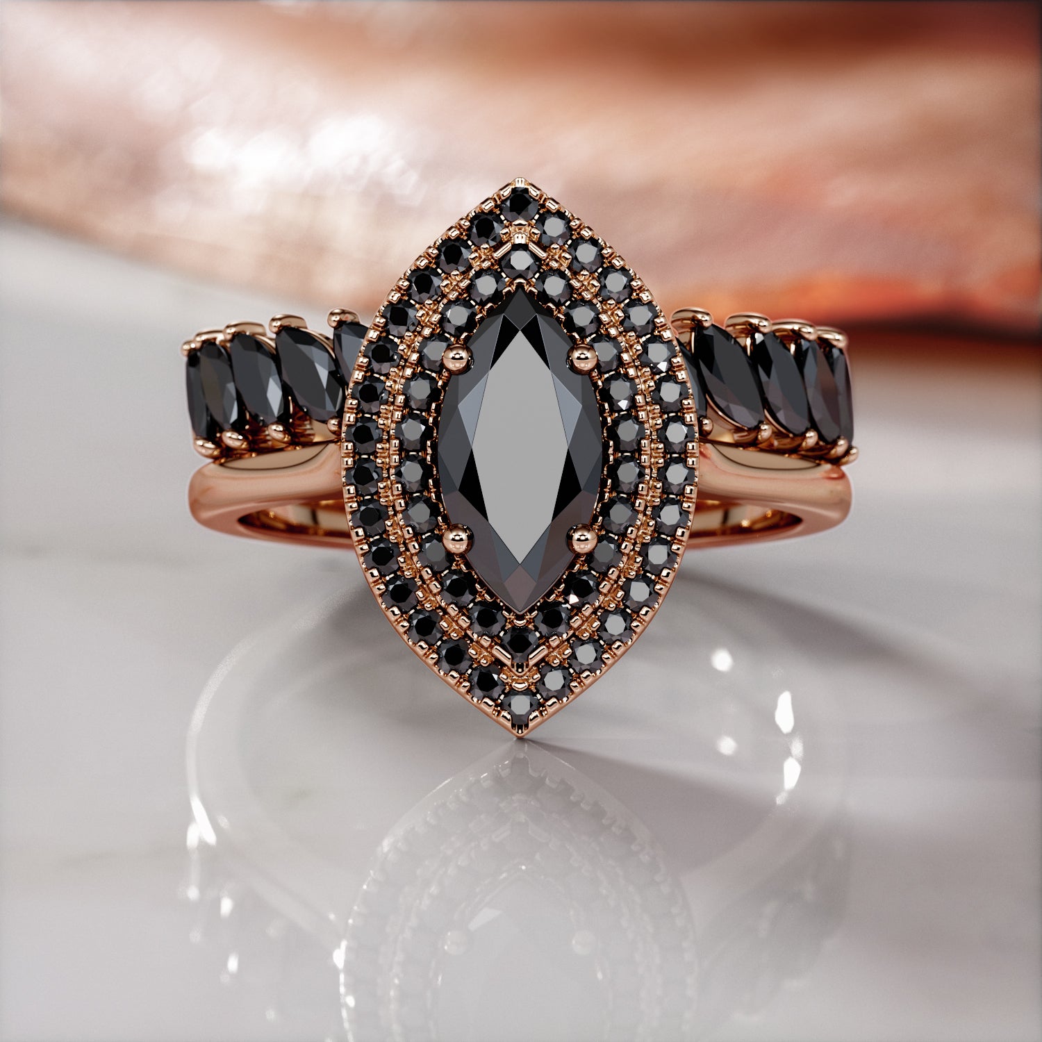 Double Halo  Natural Black Diamond Marquis Engagement Ring  in Yellow Gold