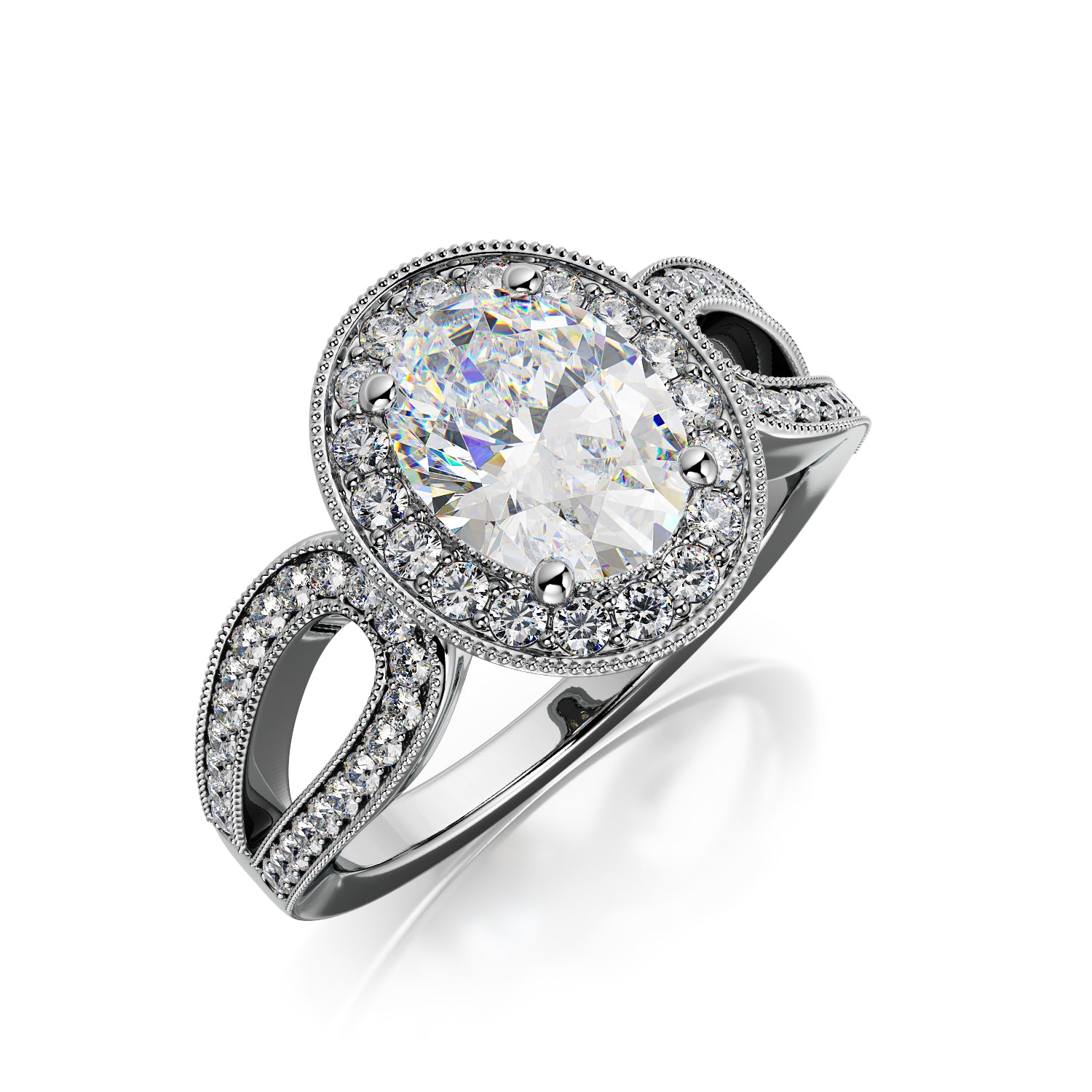 Art Deco Split Shank Natural Oval  Diamond Engagement Ring