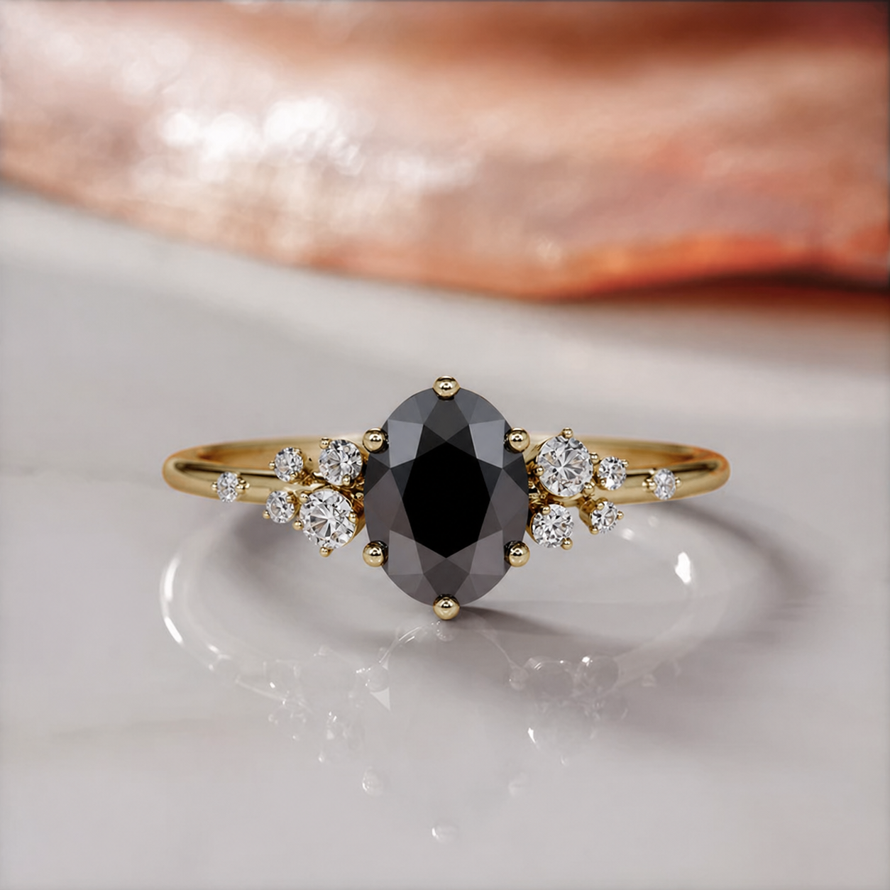 Cluster Natural Black & Whiite Diamond Oval Engagement Ring in Yellow Gold