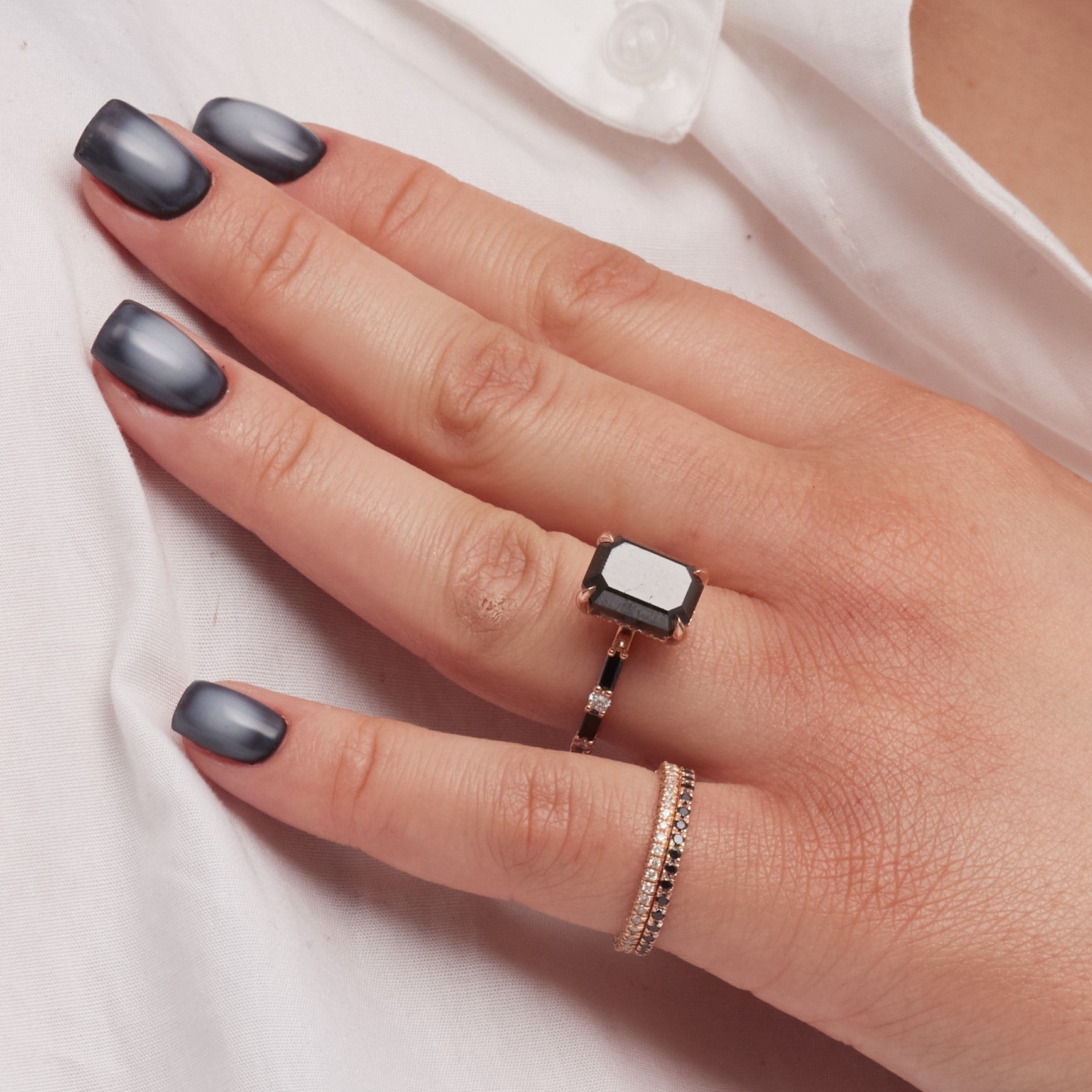 Unique Wedding Ring with  Cut Natural Black Diamonds