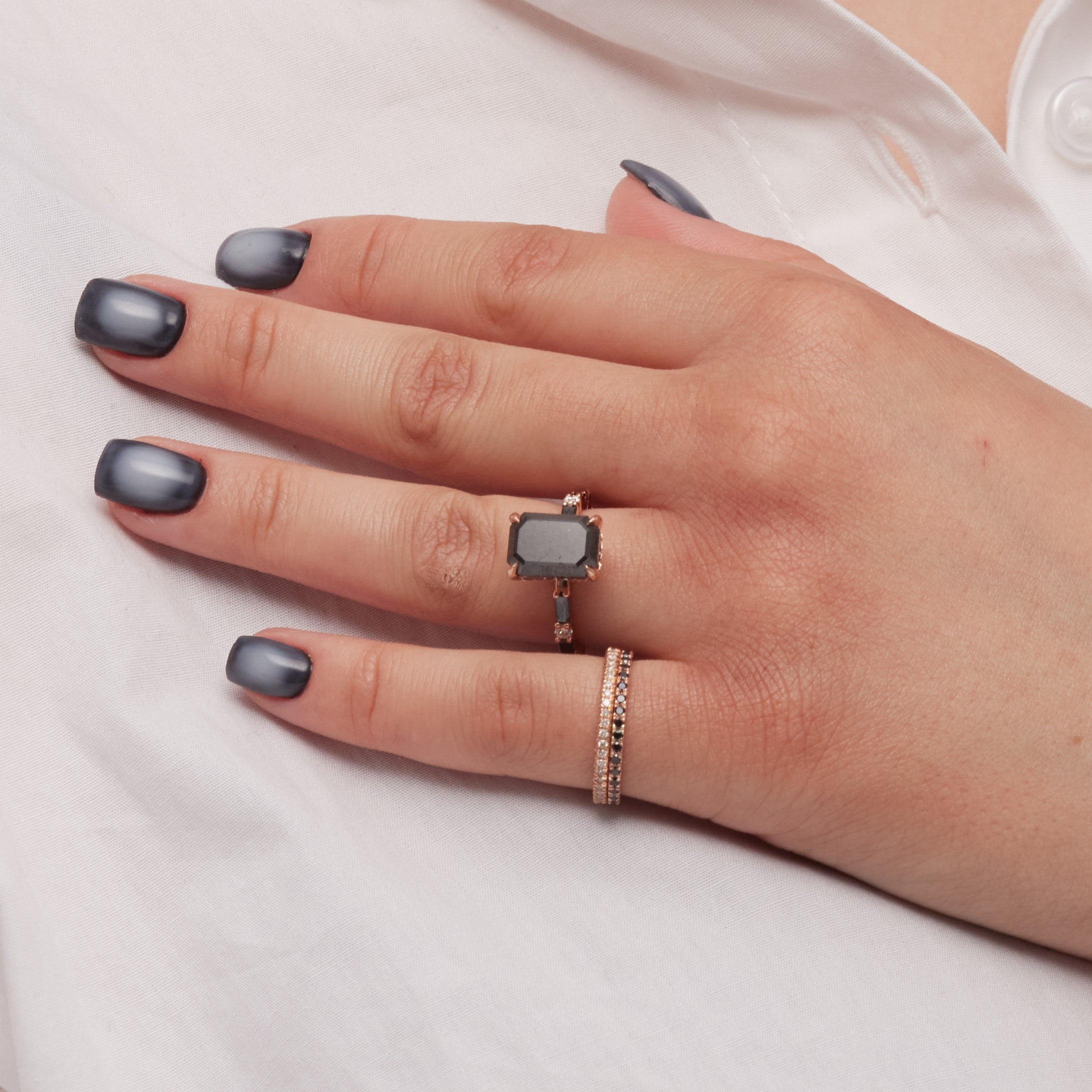 Unique Wedding Ring with  Cut Natural Black Diamonds