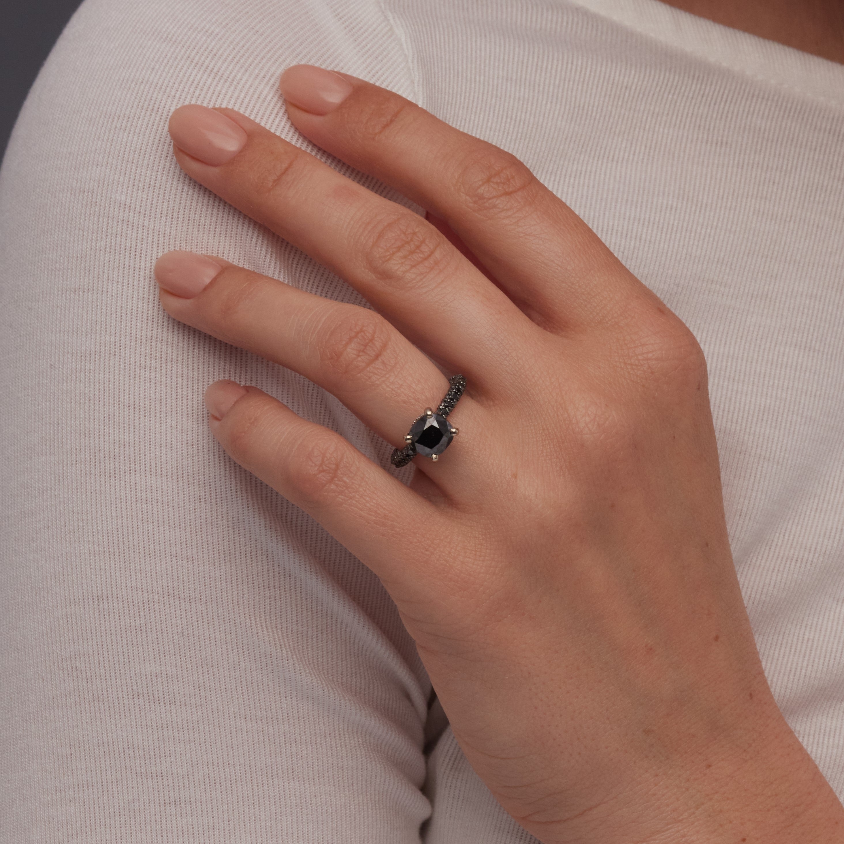 Unique  Natural Black & White Diamond Cushion Cut Engagement Ring