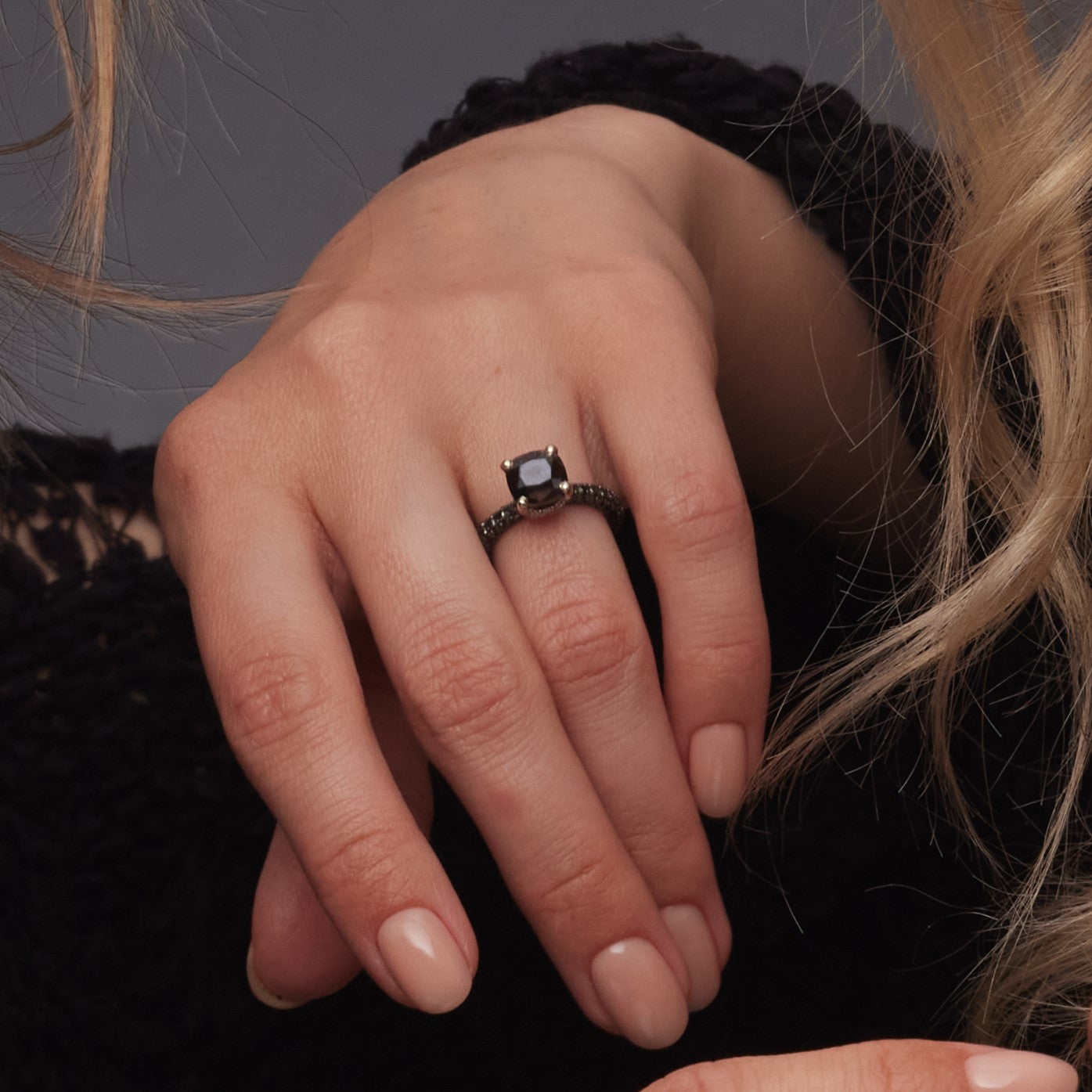 Unique  Natural Black & White Diamond Cushion Cut Engagement Ring