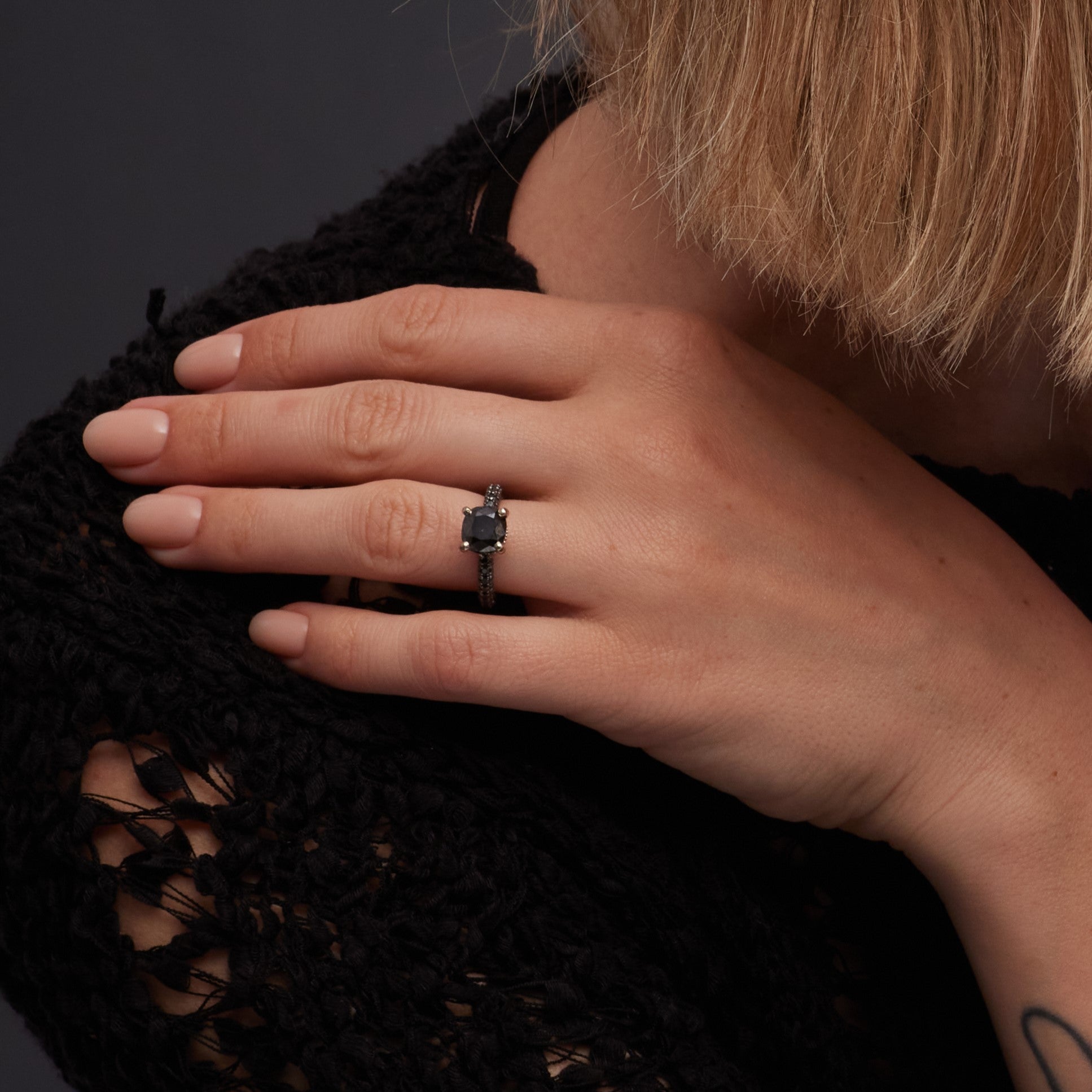 Unique  Natural Black & White Diamond Cushion Cut Engagement Ring