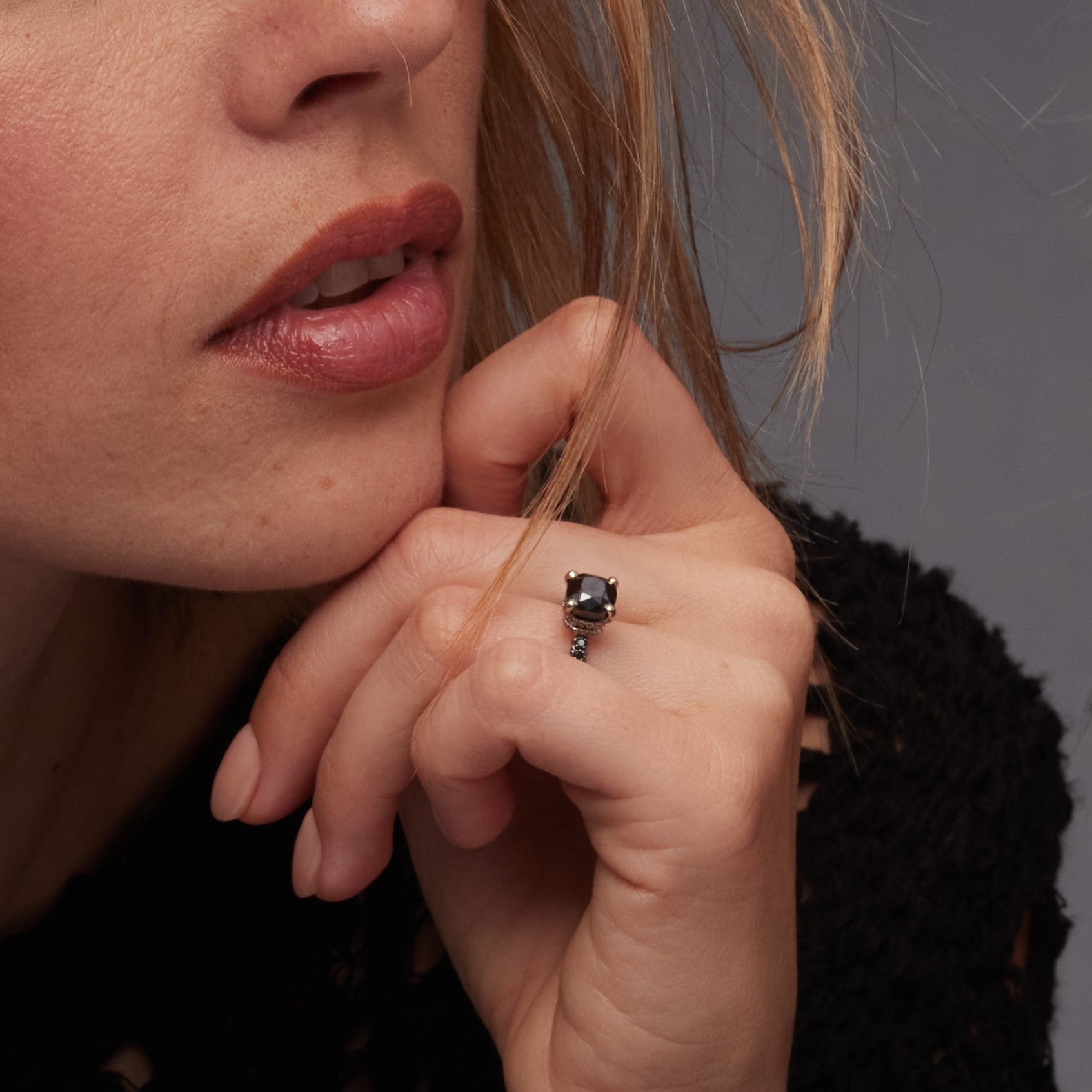 Unique  Natural Black & White Diamond Cushion Cut Engagement Ring