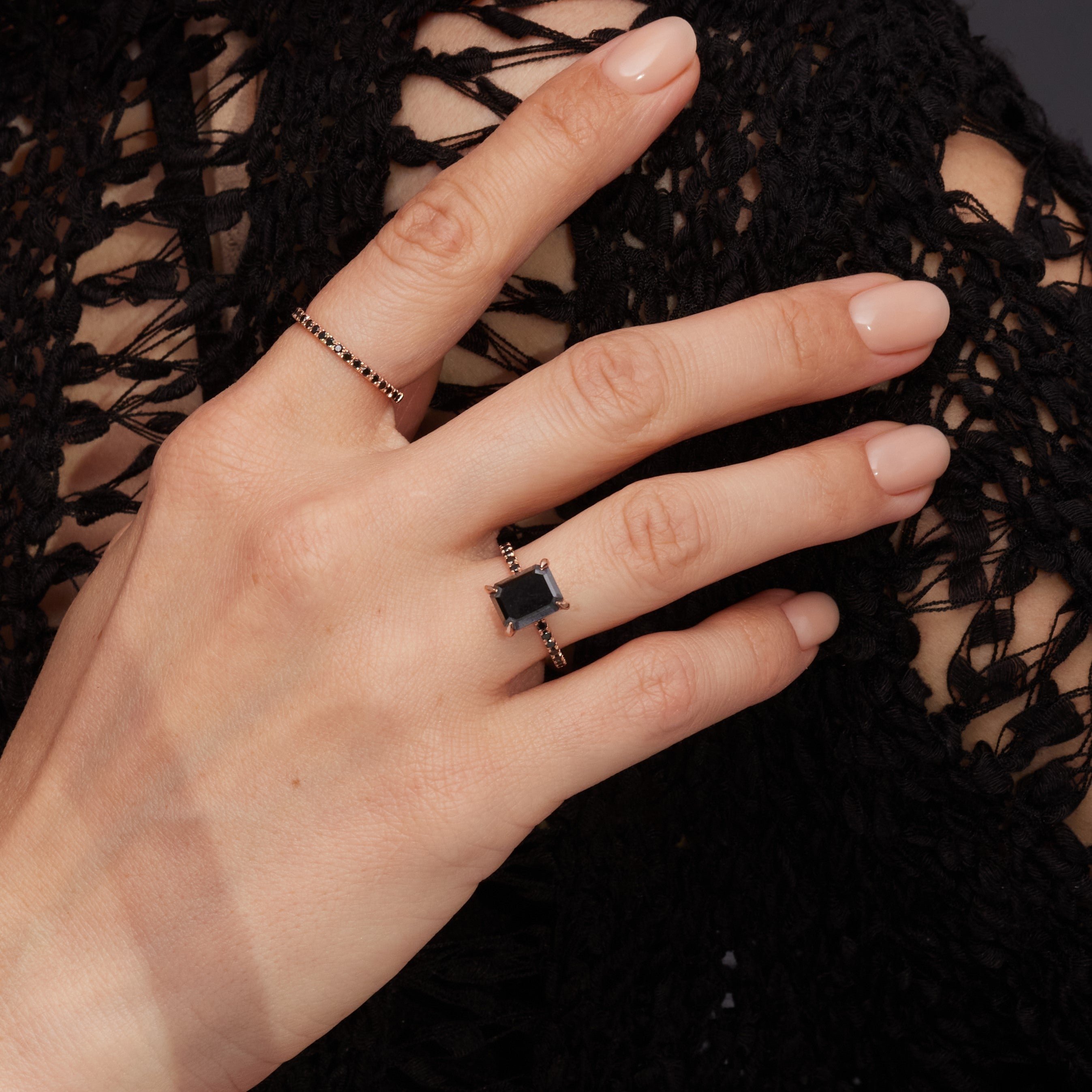Unique  Natural Black Diamond Emerald Cut Engagement Ring