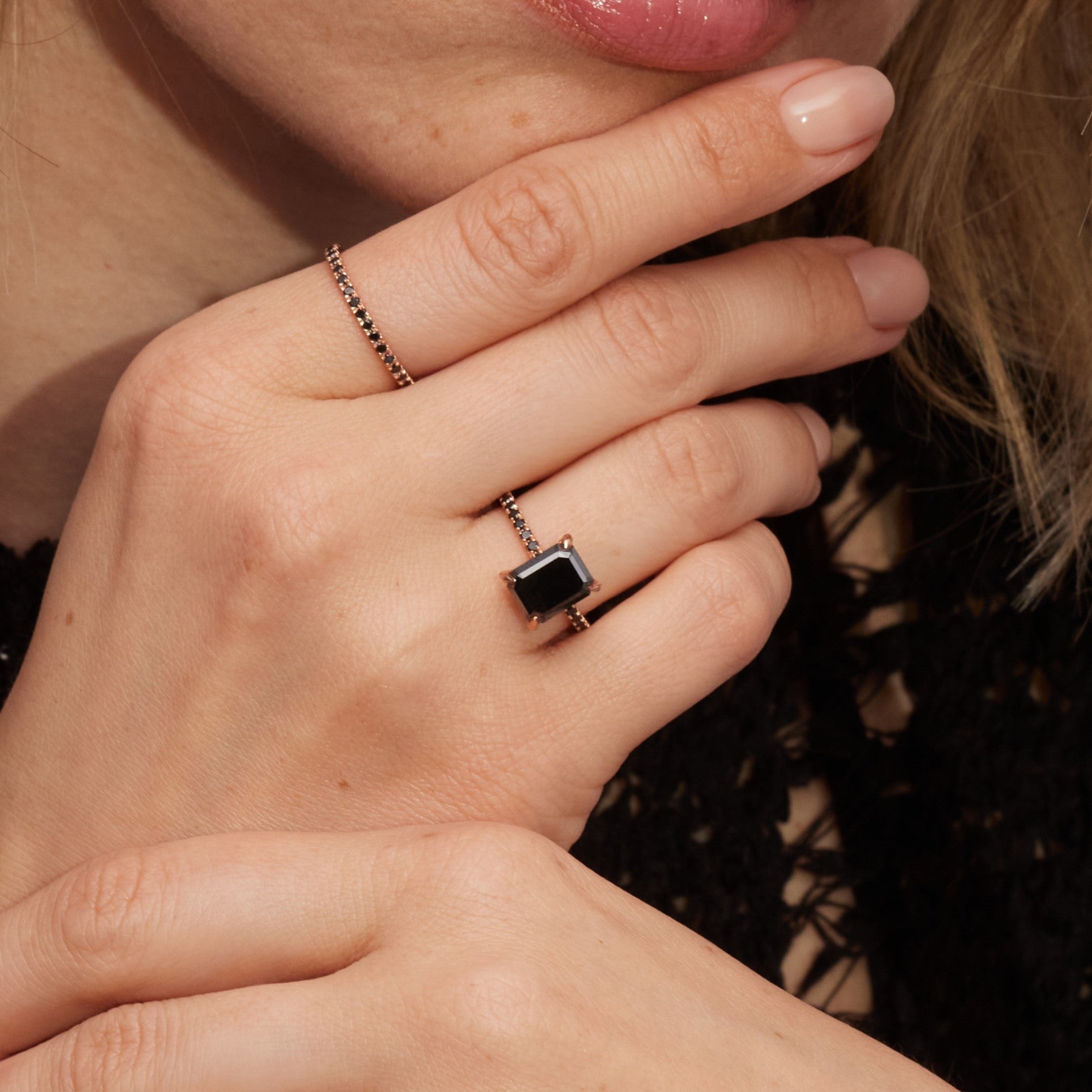 Unique  Natural Black Diamond Emerald Cut Engagement Ring