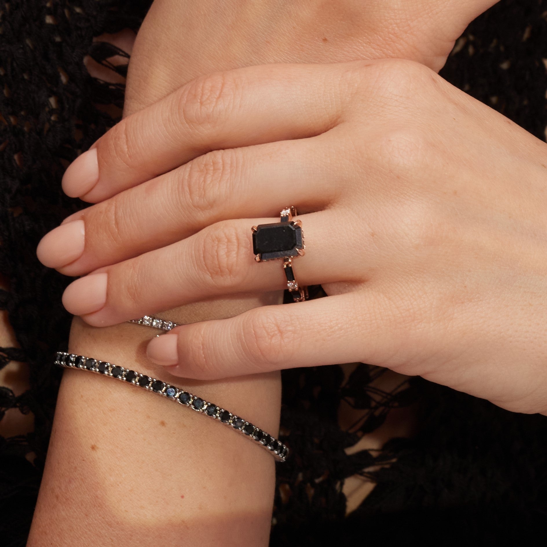 Art Deco Natural Black Diamond Emerald Cut Engagement Ring