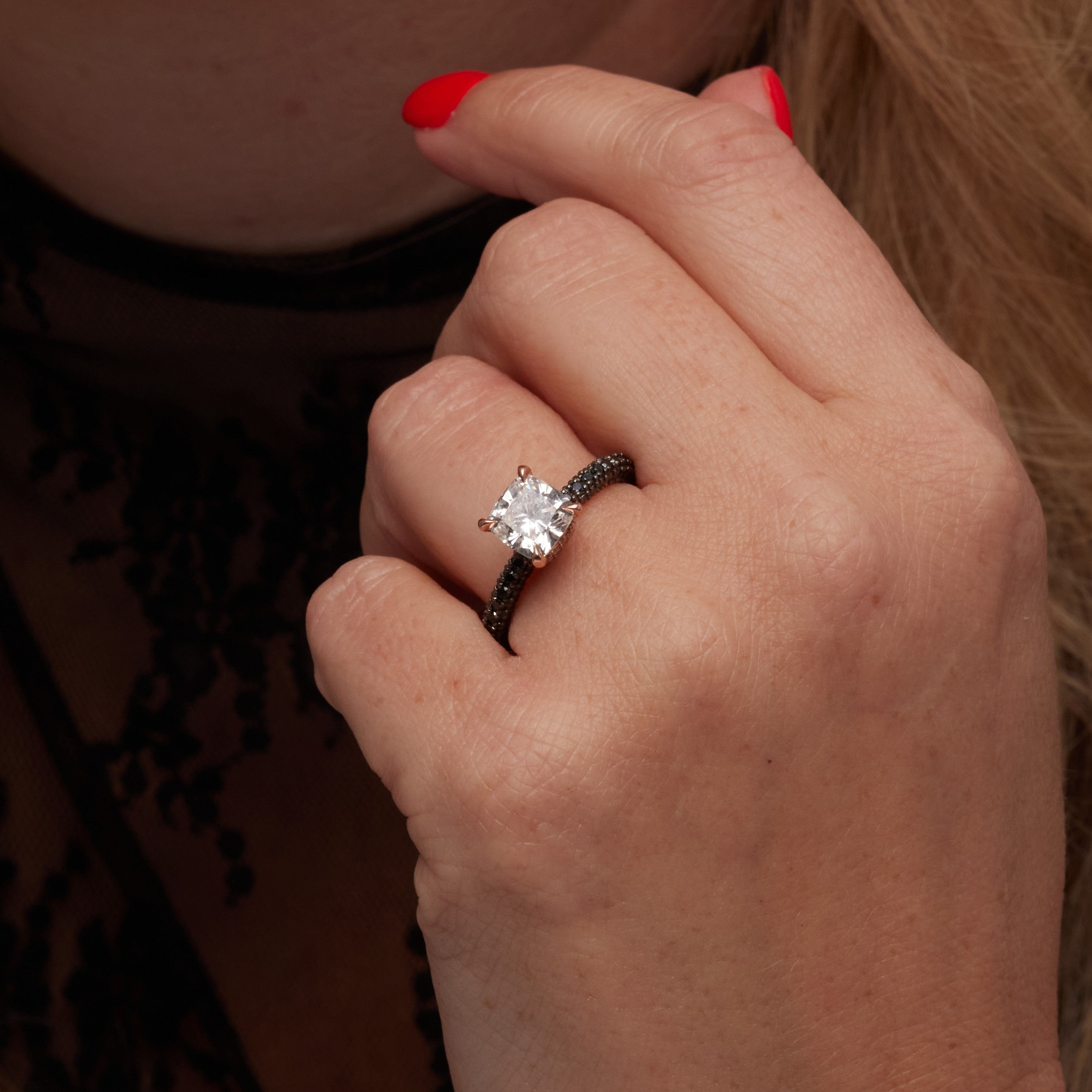 White & Black Diamonds Cushion Cut Engagement Ring