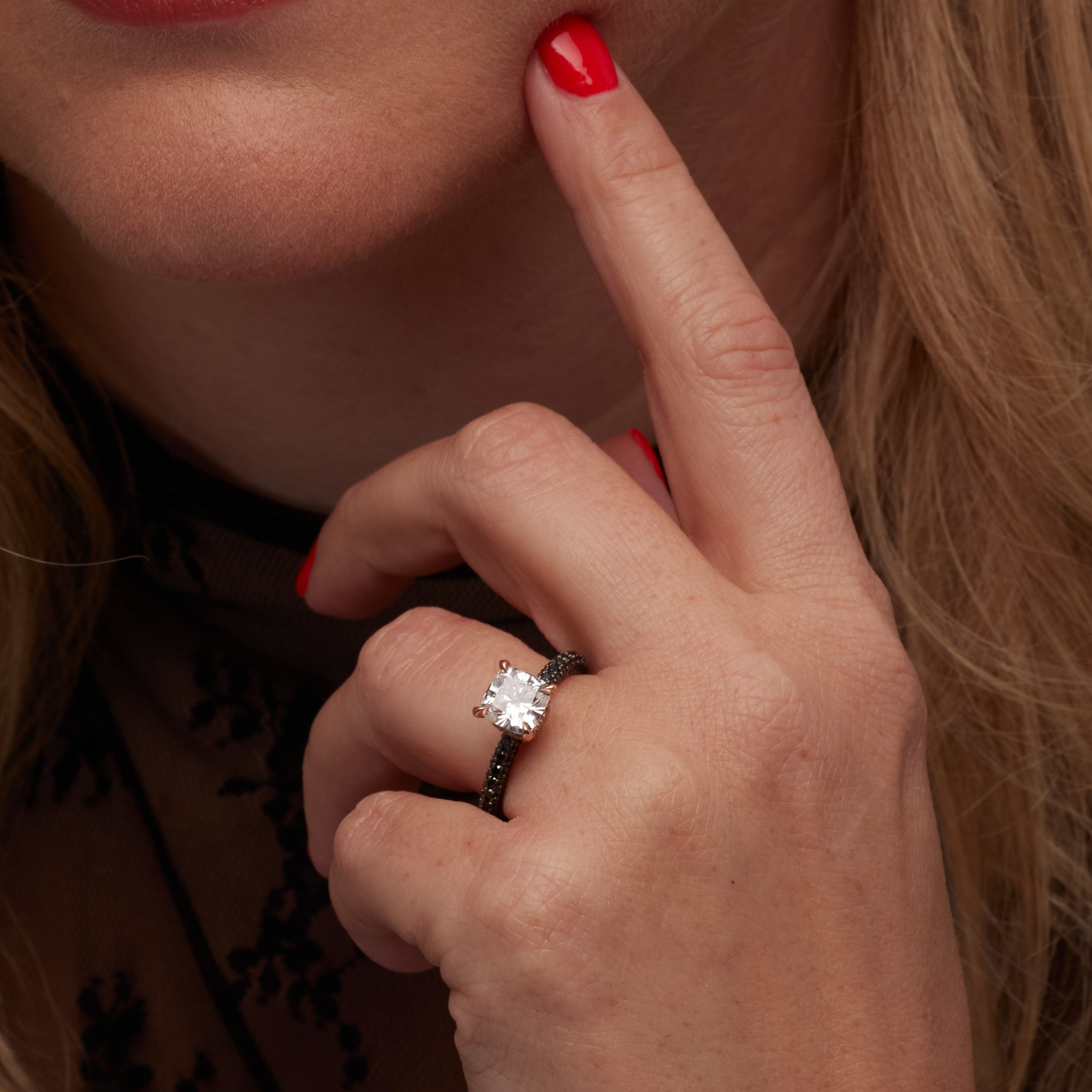 White & Black Diamonds Cushion Cut Engagement Ring