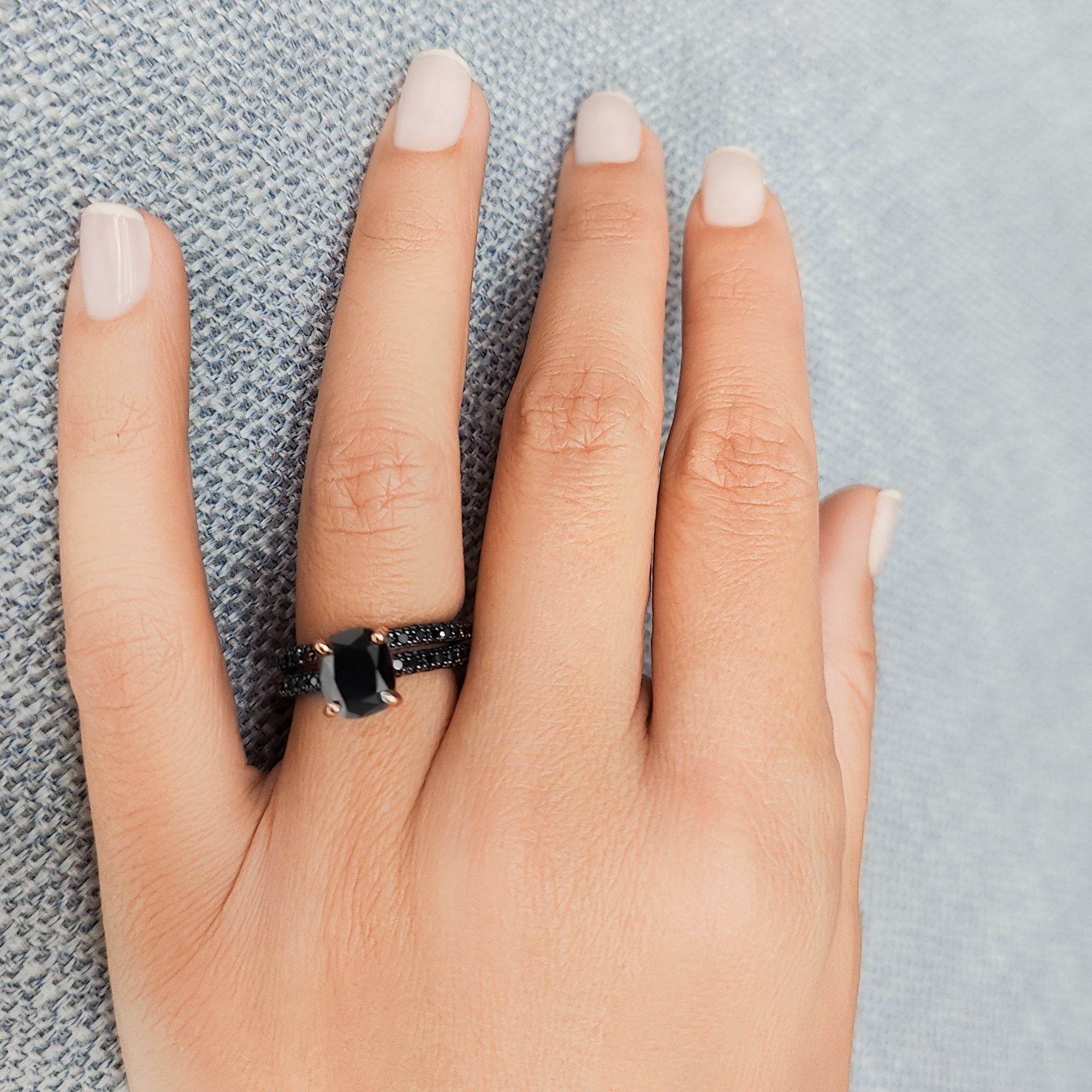 Pave Wedding Ring with Round Cut Natural Black Diamonds Rose Gold