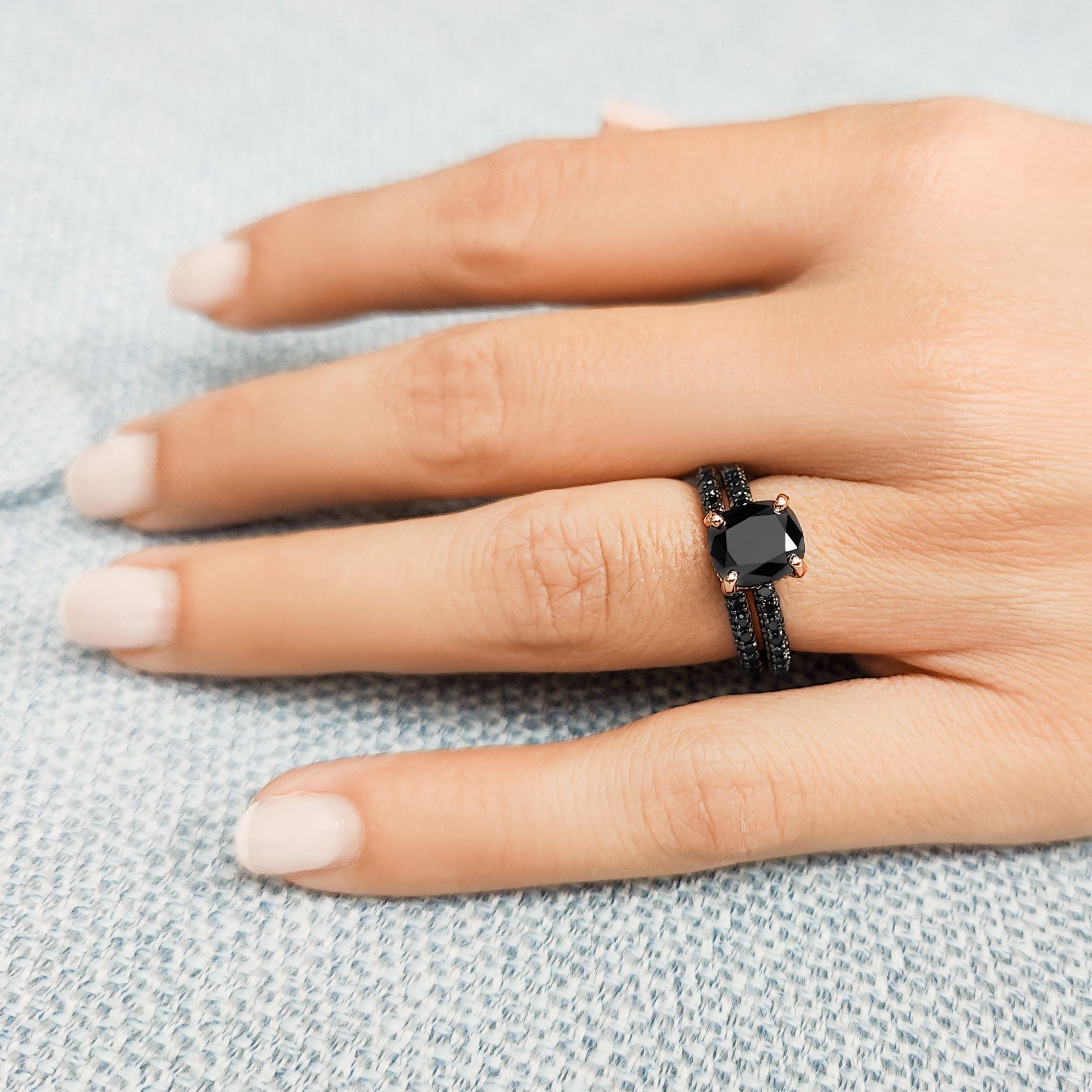 Pave Wedding Ring with Round Cut Natural Black Diamonds Rose Gold