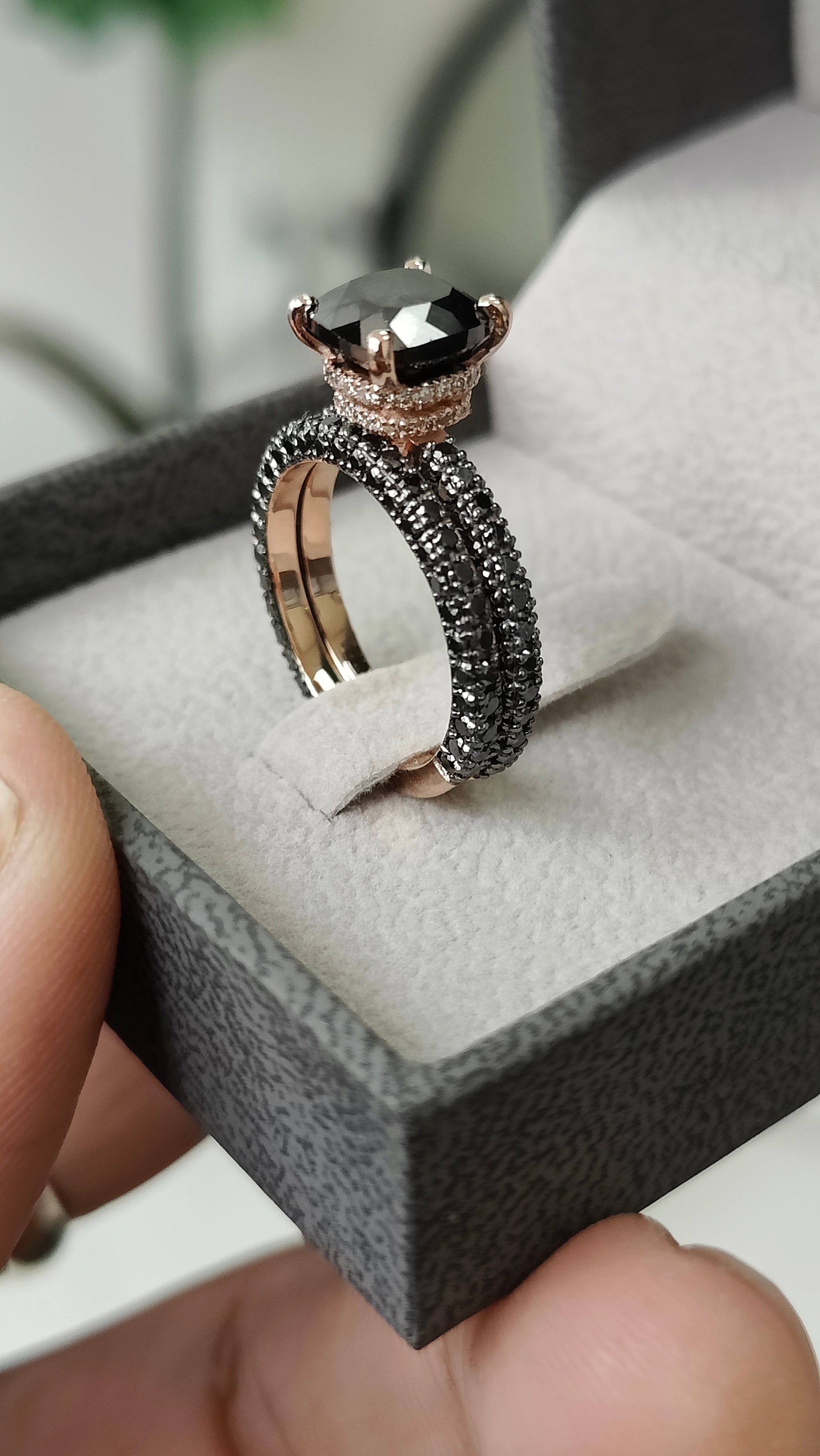 4 Carats Double Hidden Halo Natural Black Diamond Cushion Engagement Ring in White Gold